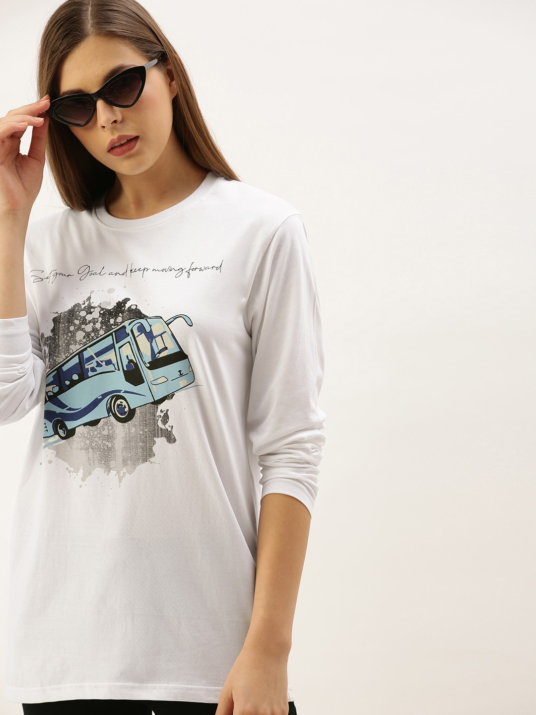 

DILLINGER Women White Printed Round Neck Longline Oversized Pure Cotton T-shirt