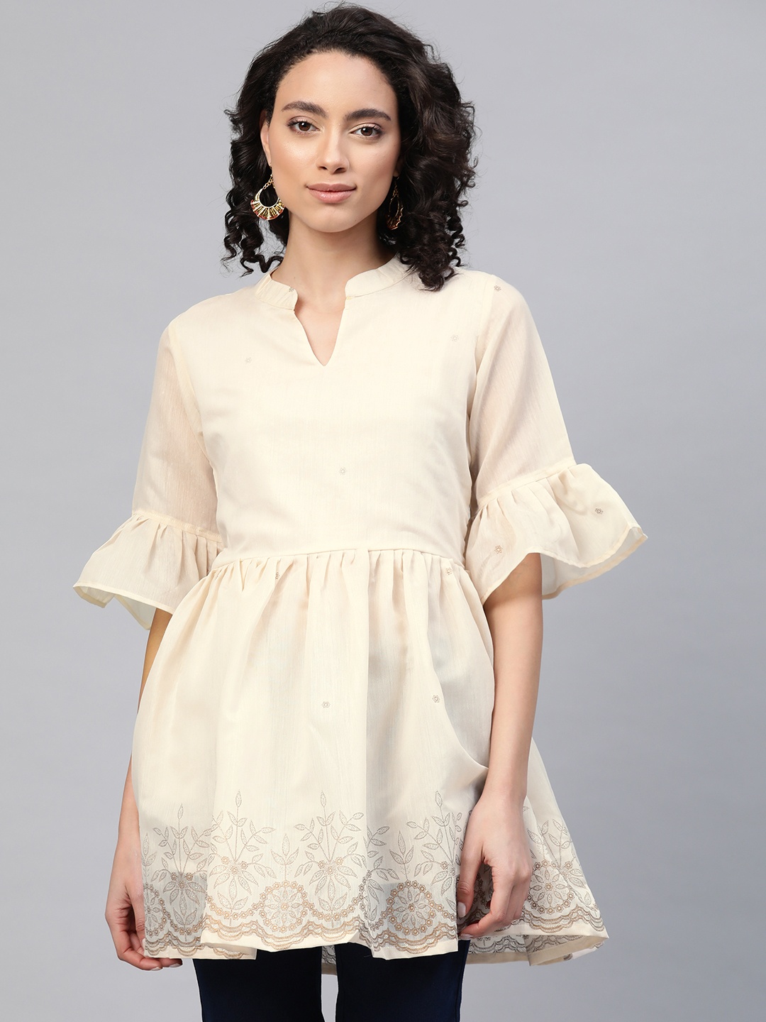 

Ahalyaa Floral Printed Pleated Bell Sleeves Kurti, Cream