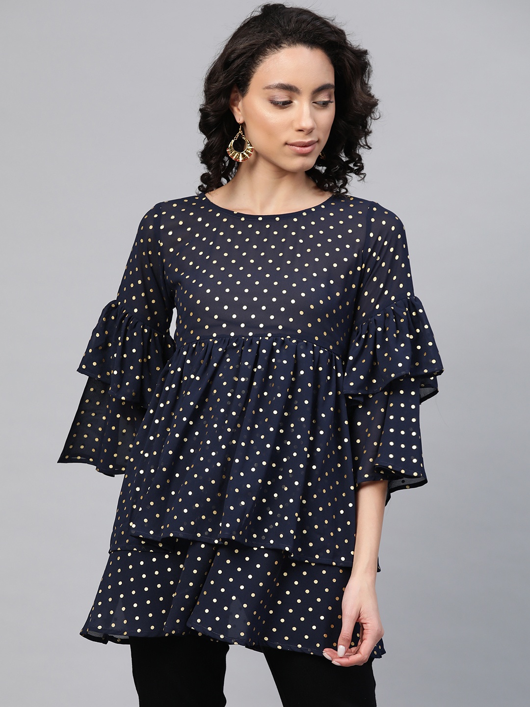 

Ahalyaa Navy Blue & Gold-Toned Print Longline Top