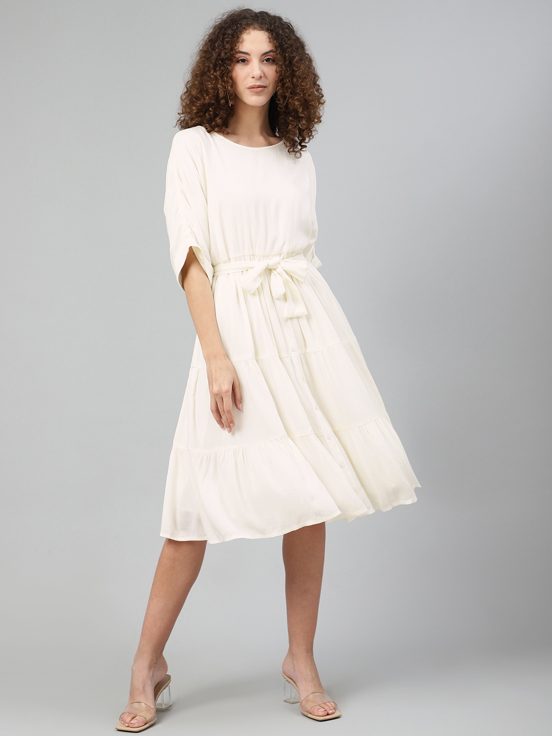 

Femella Women Off-White Tiered Solid A-Line Dress