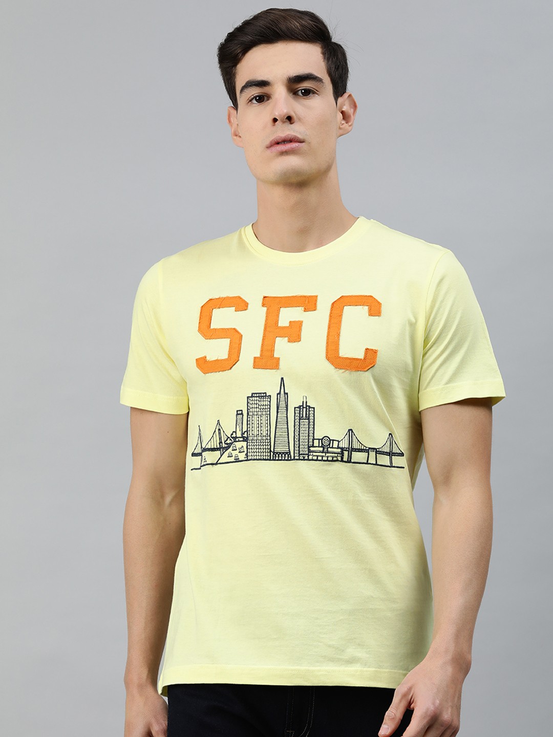 

MARCA Disati Men Yellow Graphic Printed Round Neck Pure Cotton T-shirt with Applique Detail