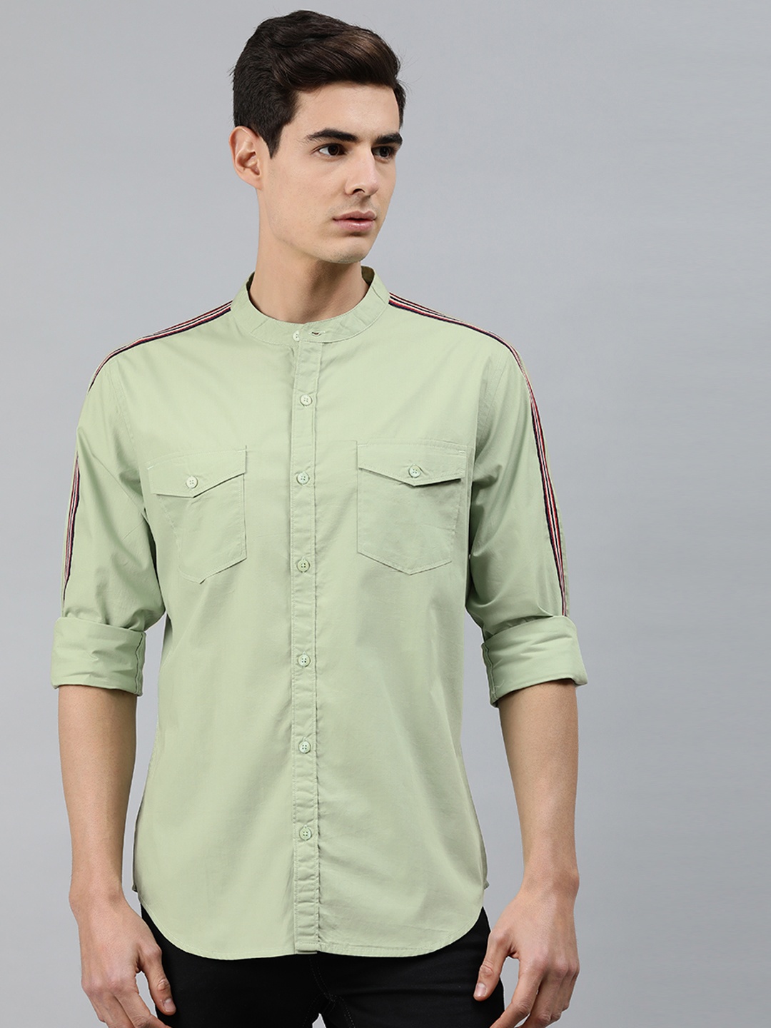 

MARCA Disati Men Olive Green Slim Fit Solid Casual Shirt with Taping Deatil