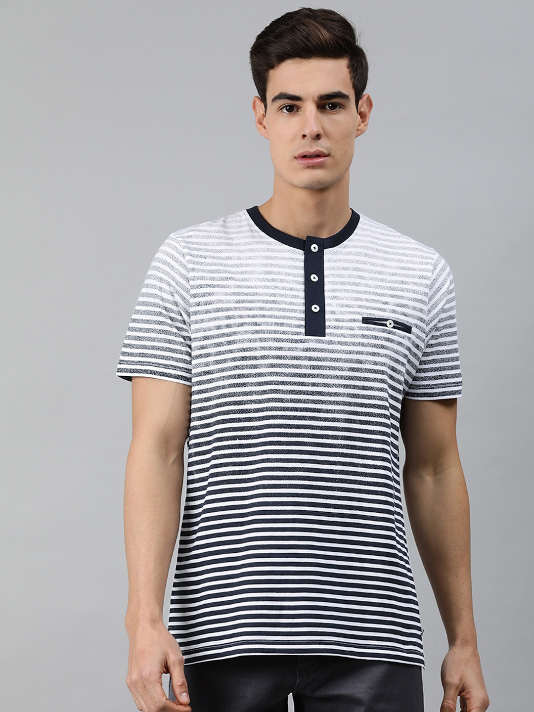 

MARCA Disati Men White Navy Blue Striped Pure Cotton Henley Neck Pure Cotton T-shirt