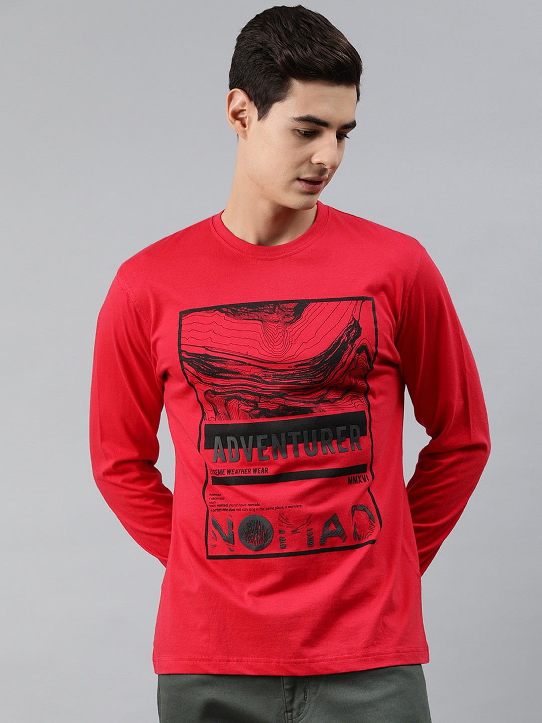 

MARCA Disati Men Red Black Printed Round Neck Pure Cotton T-shirt