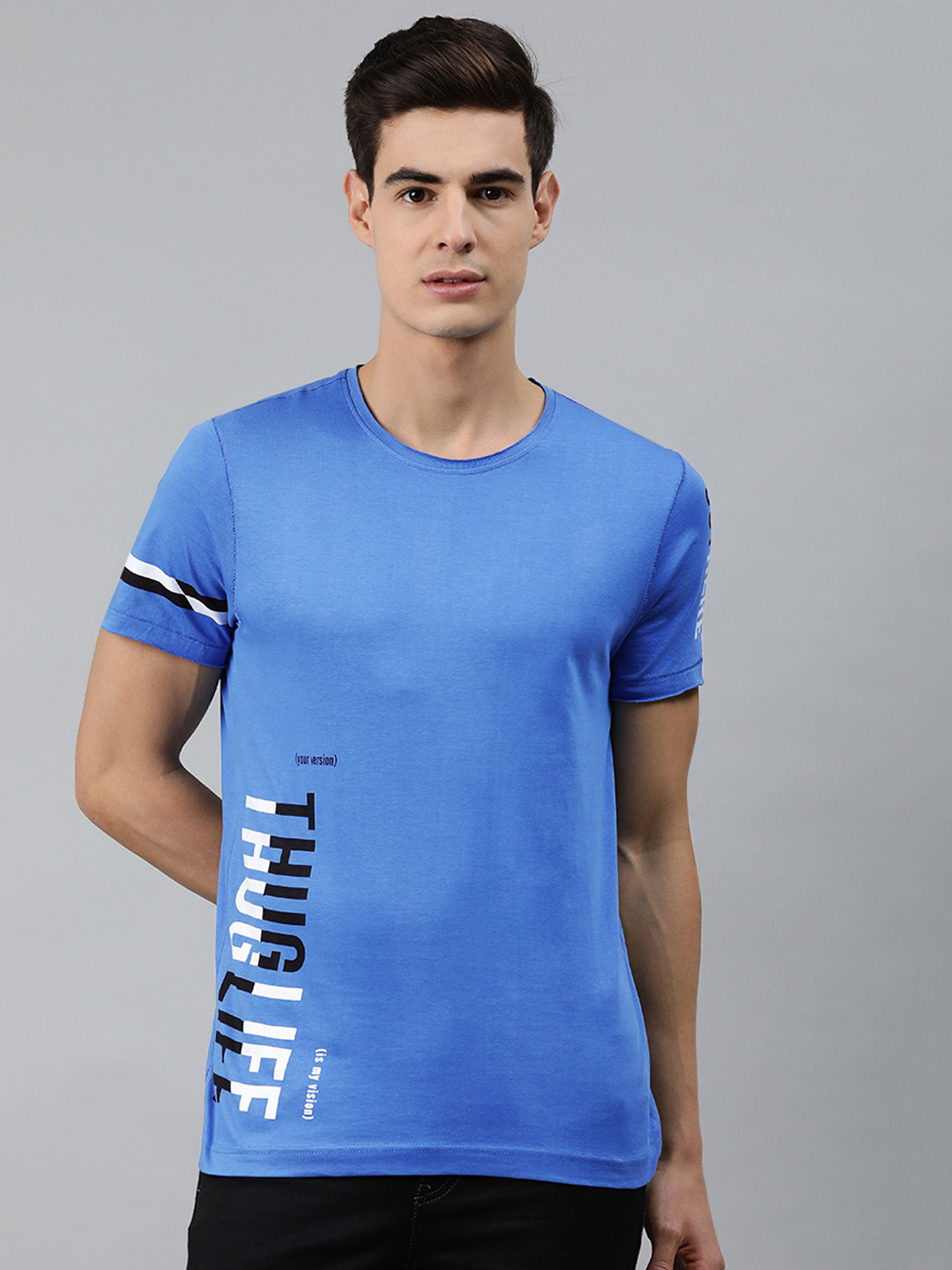 

MARCA Disati Men Blue Printed Round Neck Pure Cotton T-shirt