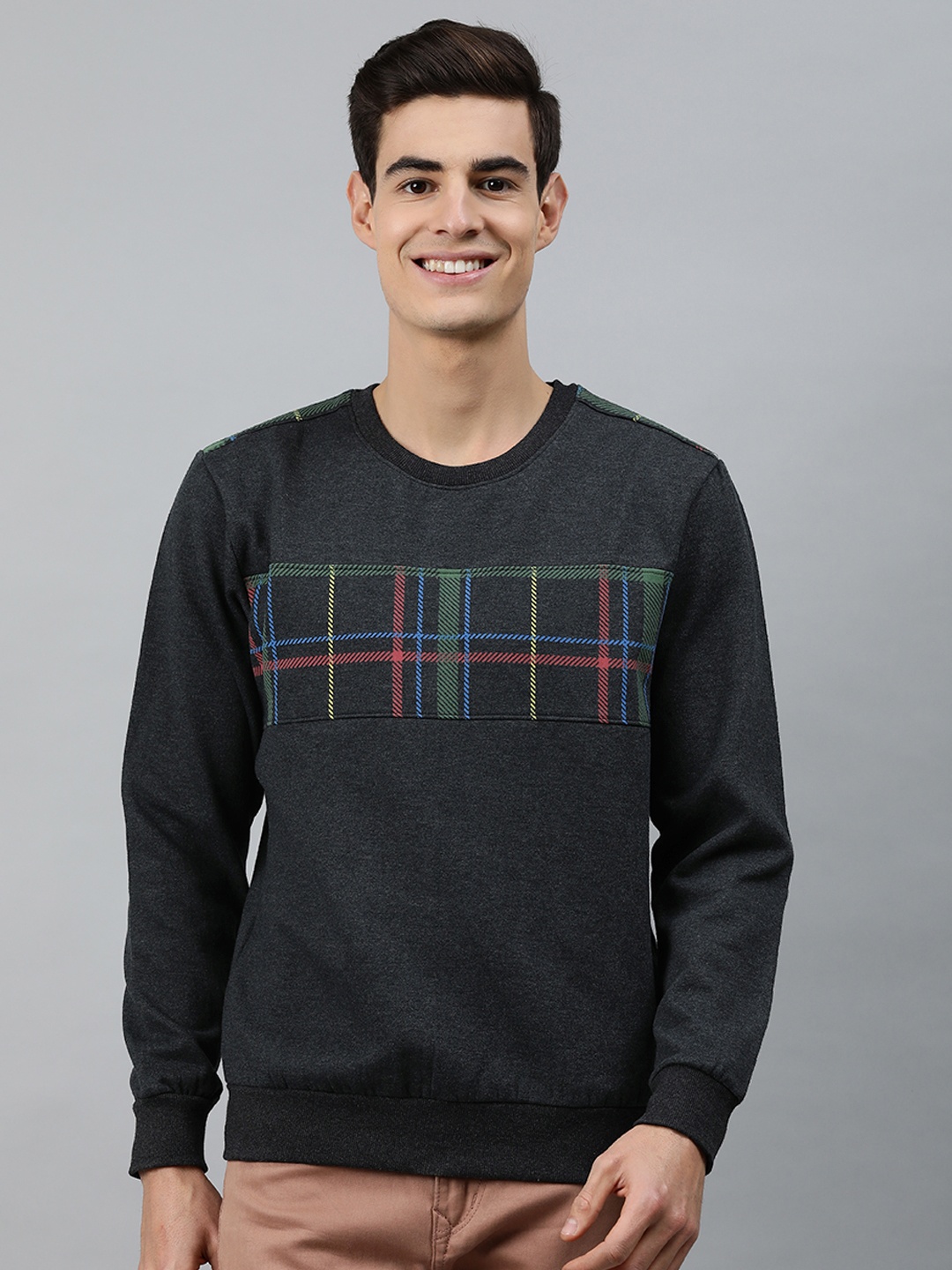 

MARCA Disati Men Charcoal & Multicoloured Checked Sweatshirt
