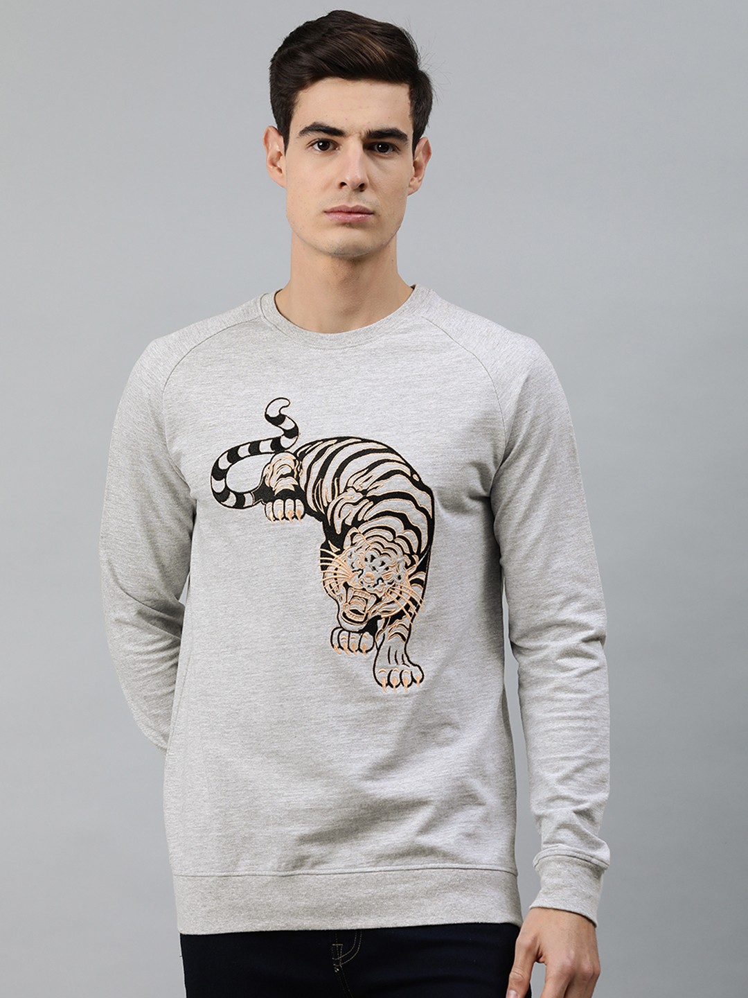 

MARCA Disati Men Grey Melange & Black Printed Sweatshirt