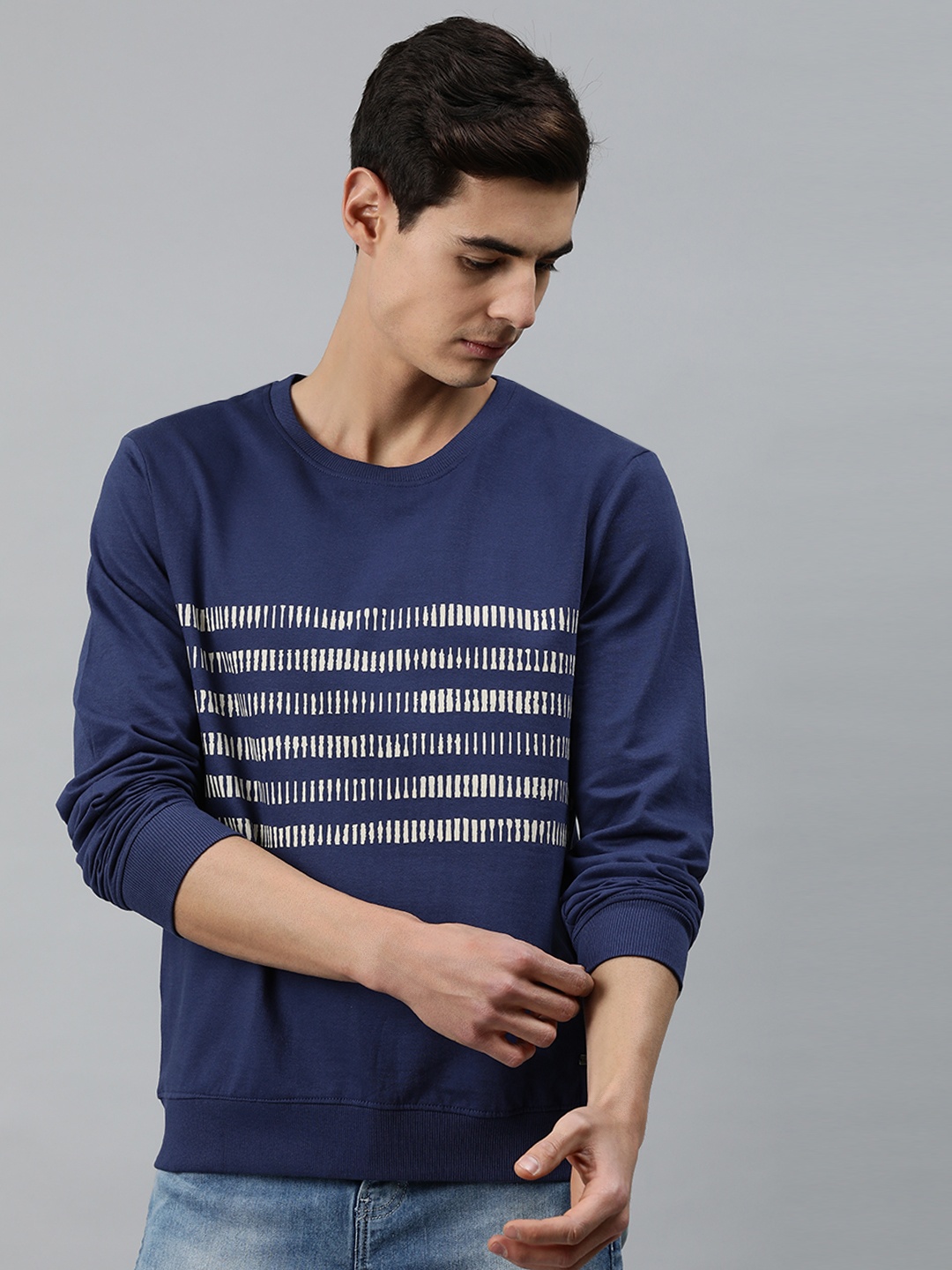 

MARCA Disati Men Navy Blue & Beige Striped Pullover Sweatshirt