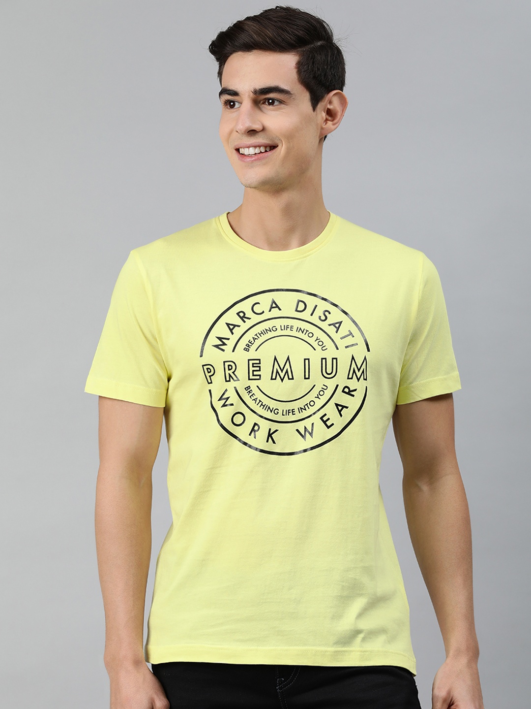 

MARCA Disati Men Yellow Printed Round Neck Pure Cotton T-shirt