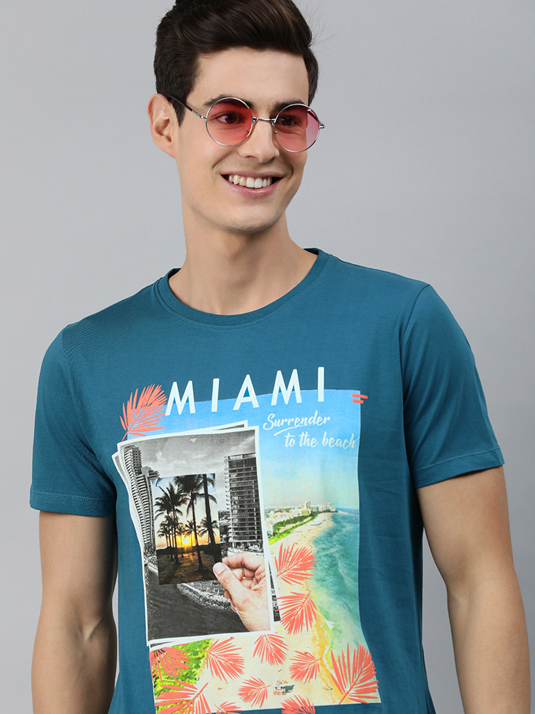 

MARCA Disati Men Teal Blue Printed Round Neck Pure Cotton T-shirt