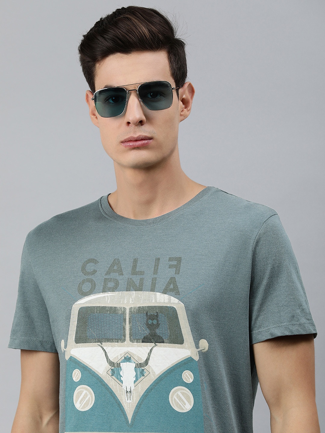 

MARCA Disati Men Grey Printed Round Neck Pure Cotton T-shirt