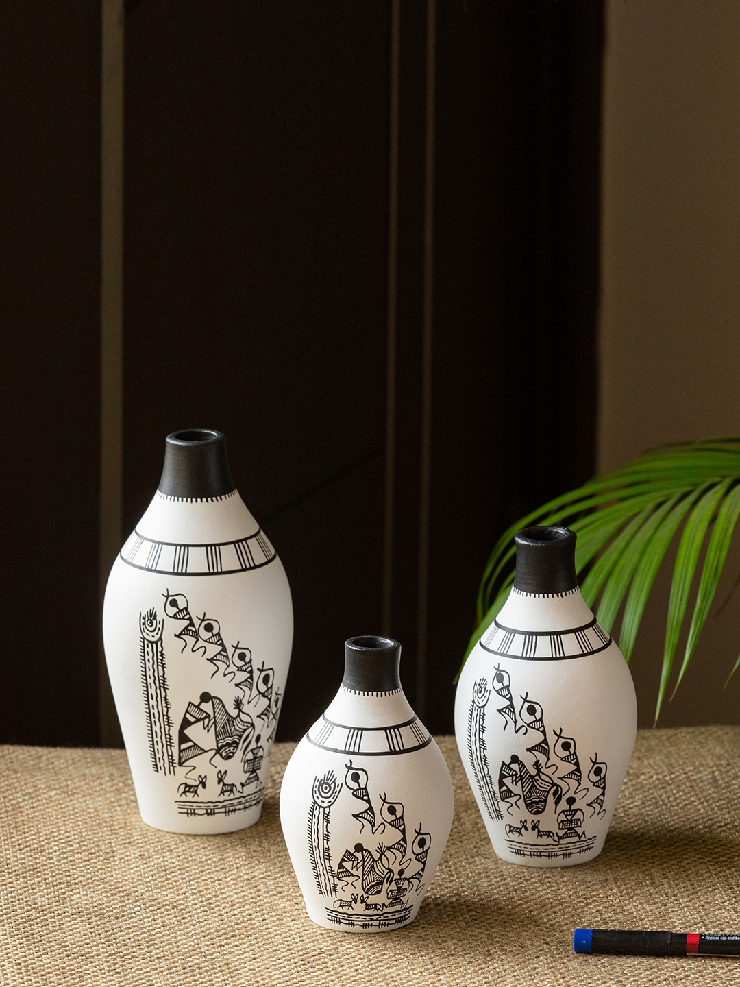 

ExclusiveLane Set Of 3 The Warli Tales Hand-painted Terracotta Vases, White