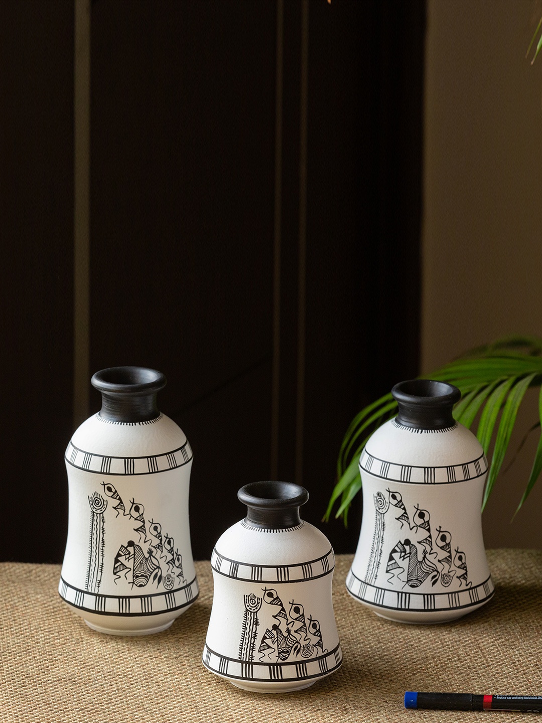 

ExclusiveLane Set Of 3 White & Black Hand Painted Terracotta Vases