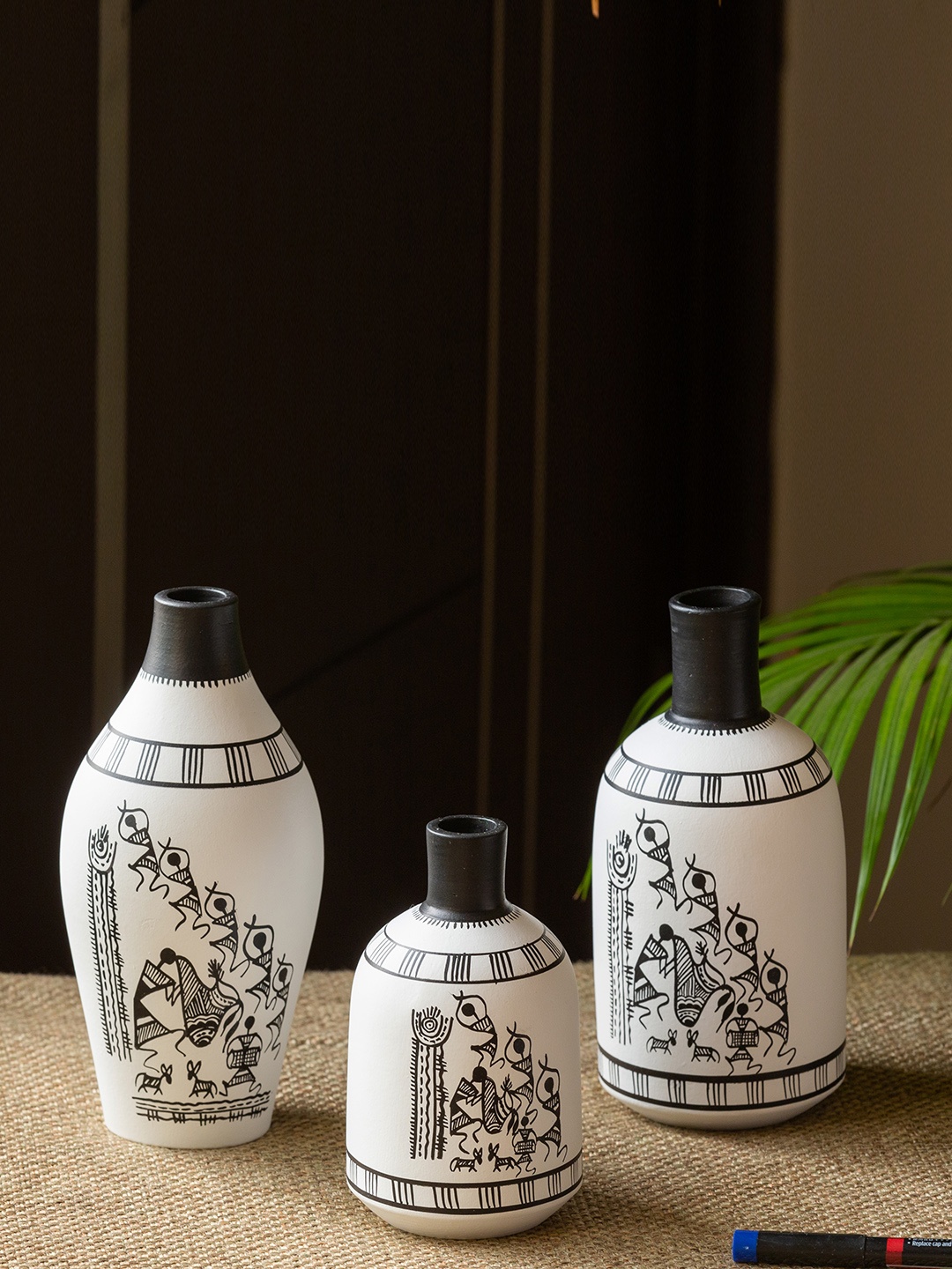 

ExclusiveLane Set Of 3 The Warli Tales Hand Painted Terracotta Vases, White