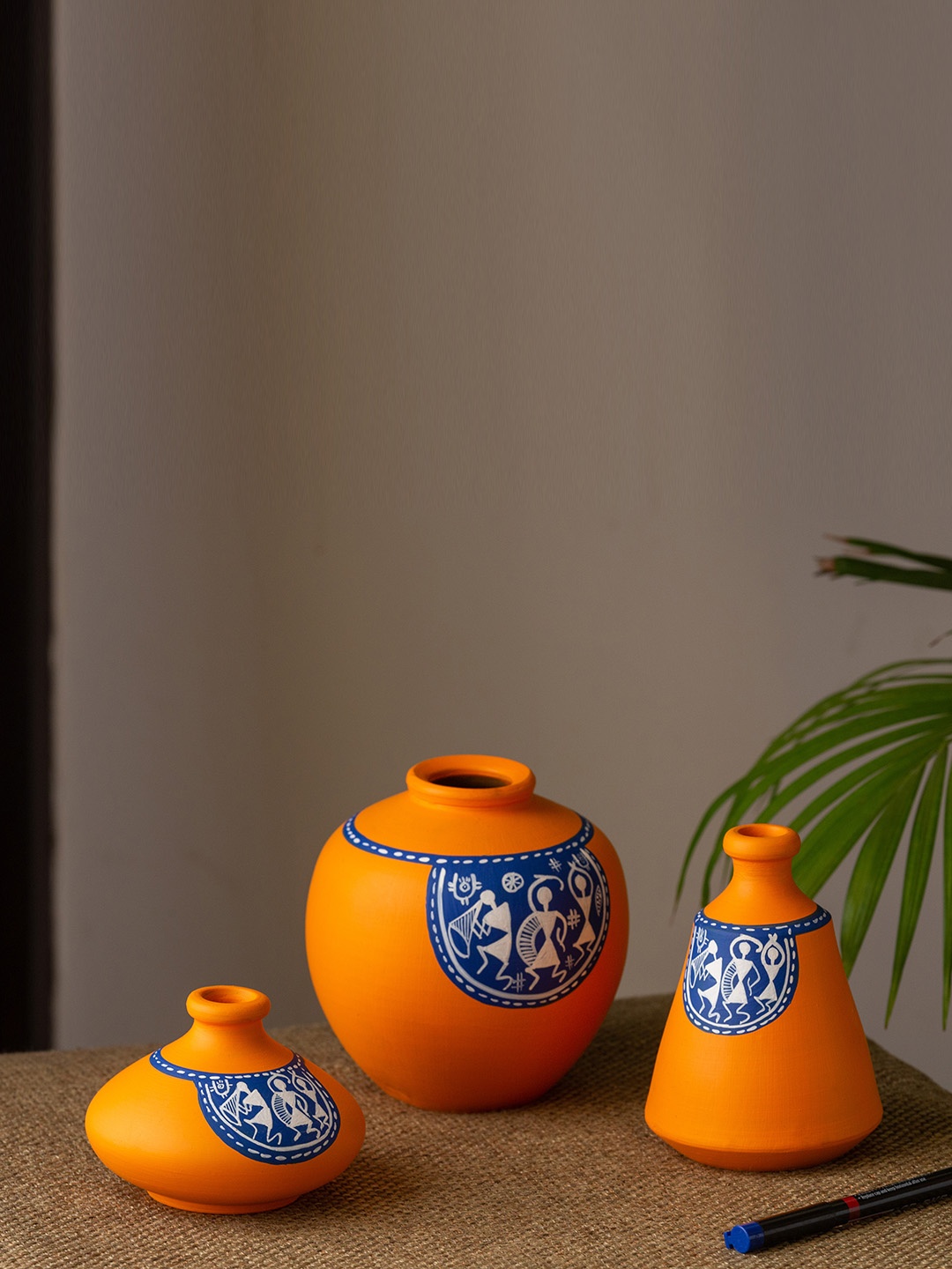 

ExclusiveLane Set Of 3 The Warli Tales Hand Painted Terracotta Vases, Orange