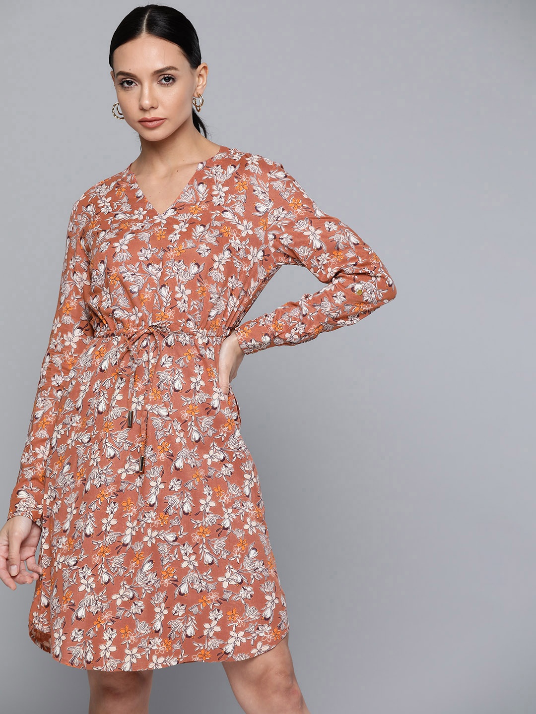 

Chemistry Rust Brown & Beige Floral Print A-Line Dress