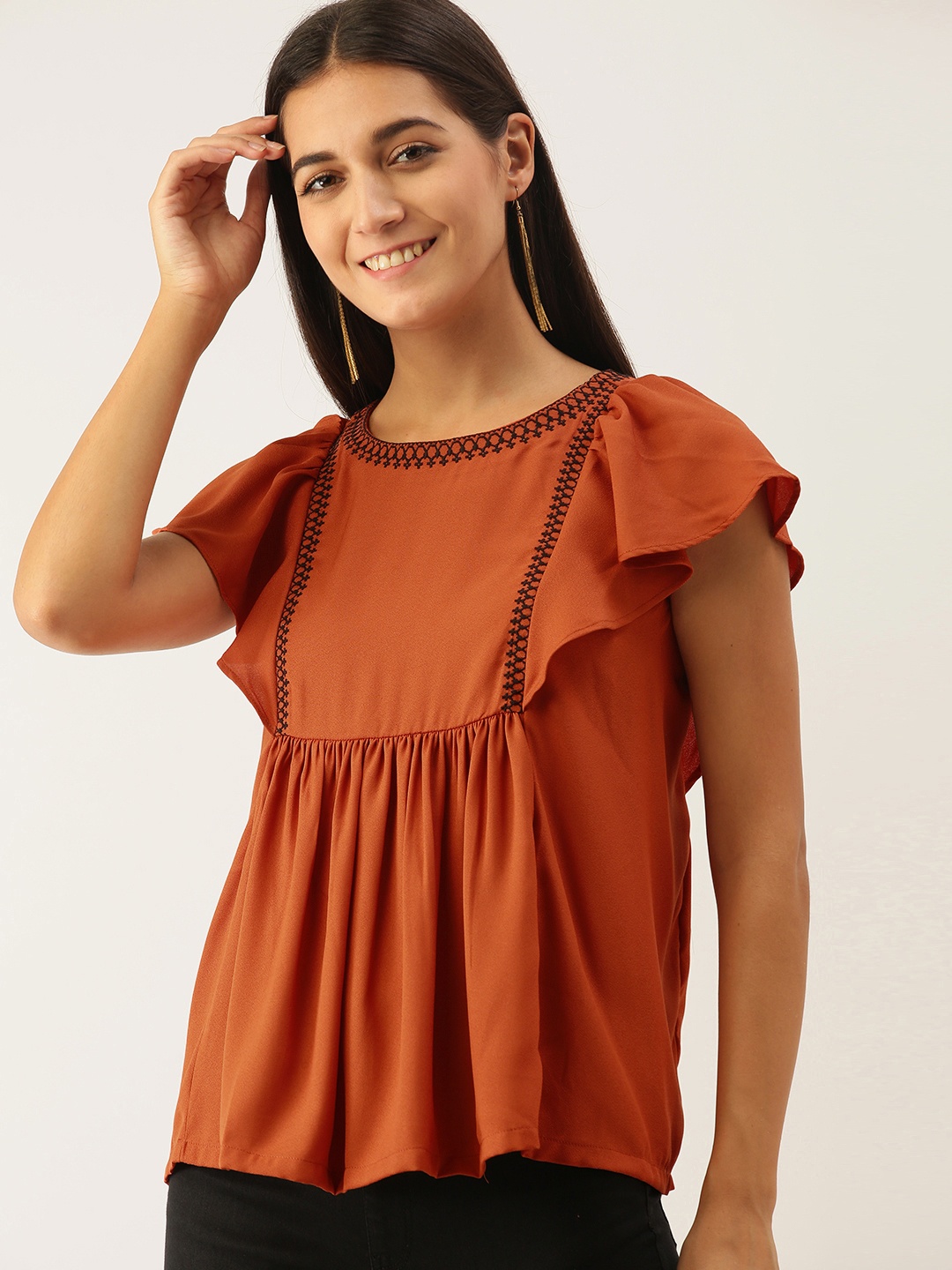 

Chemistry Rust Brown Flutter Sleeve Regular Top with Embroidery