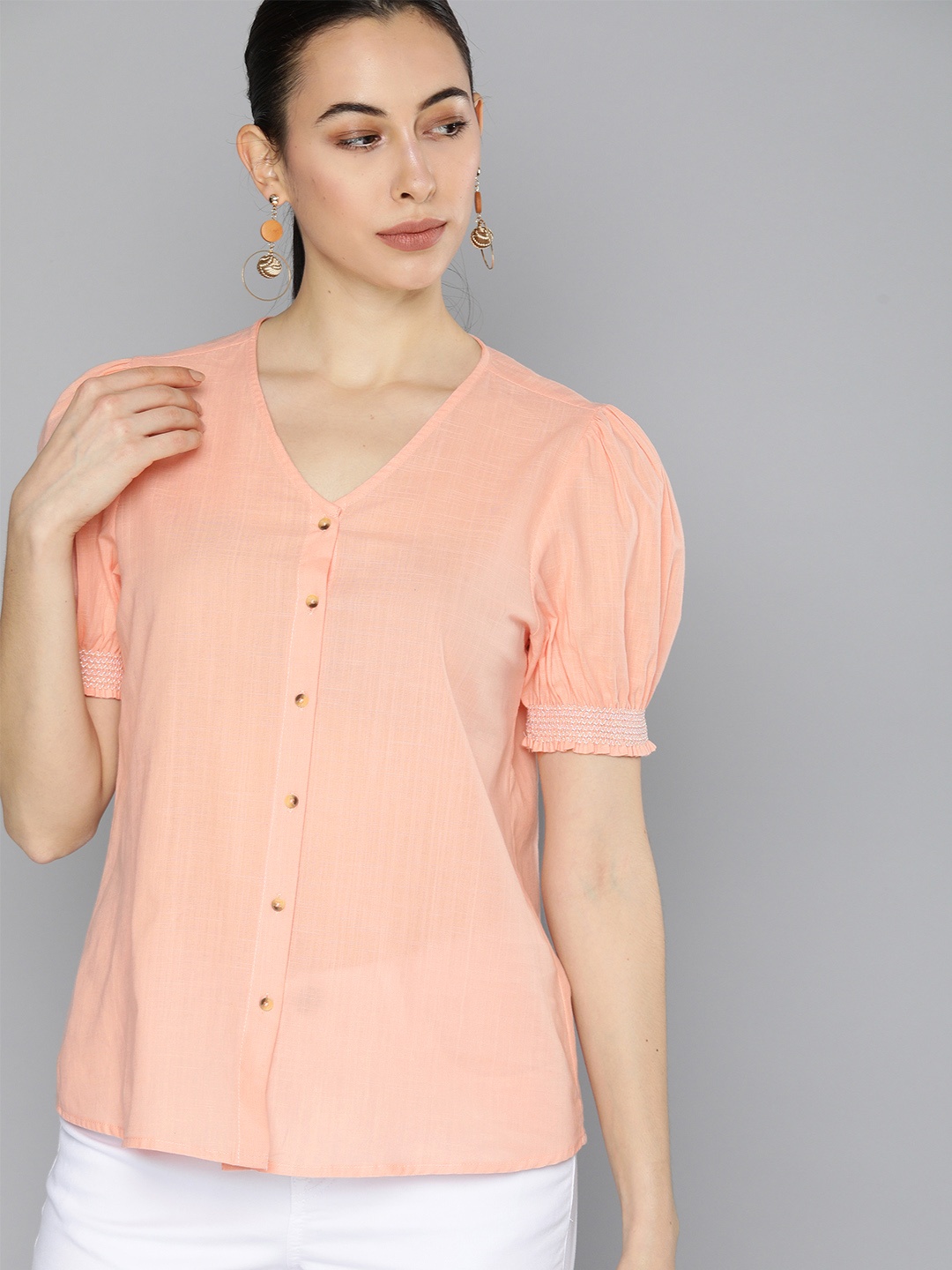 

Chemistry Women Coral Puff Sleeves Regular Top