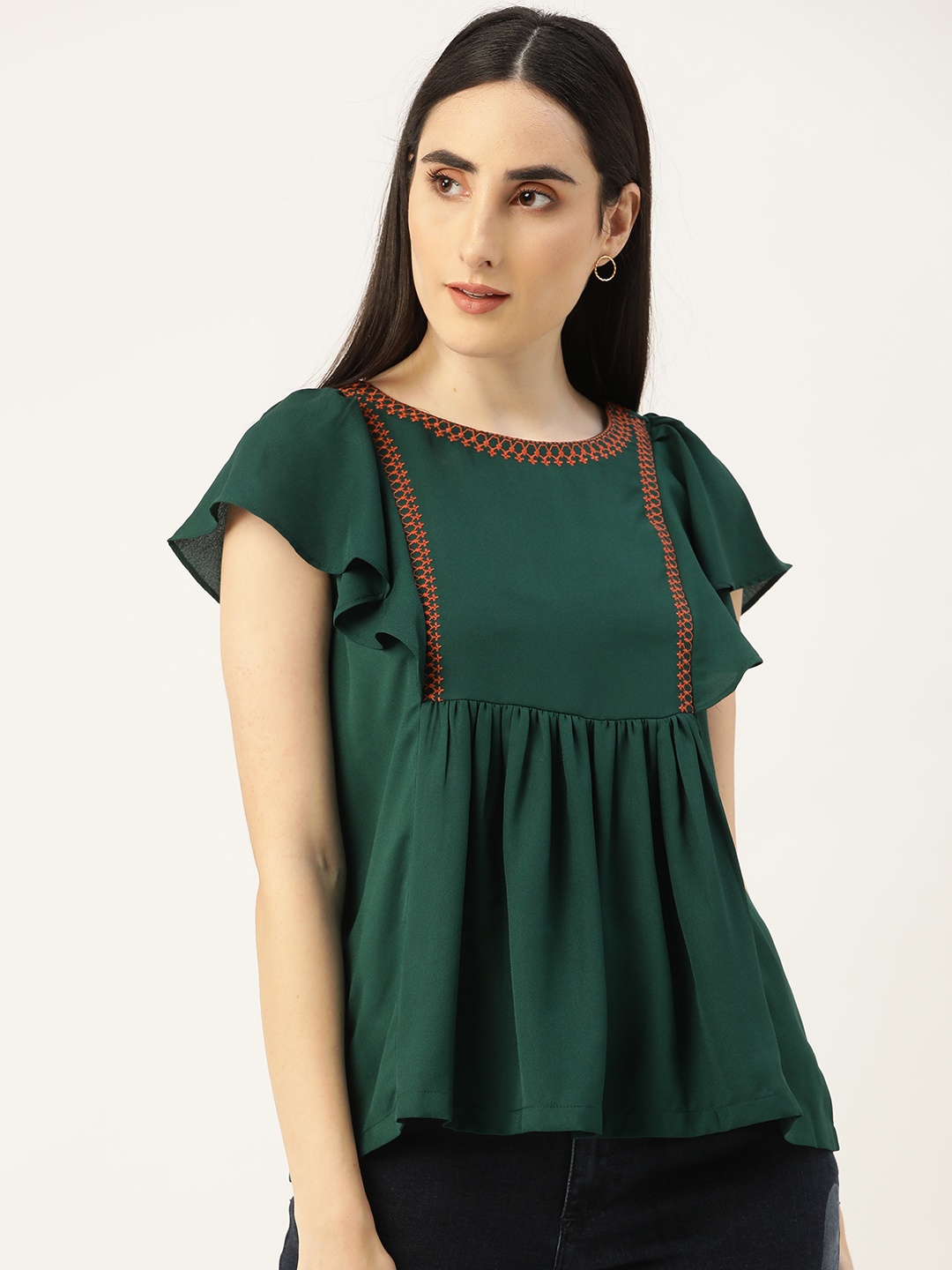 

Chemistry Green & Rust Flutter Sleeve A-Line Top With Thread Work Detail