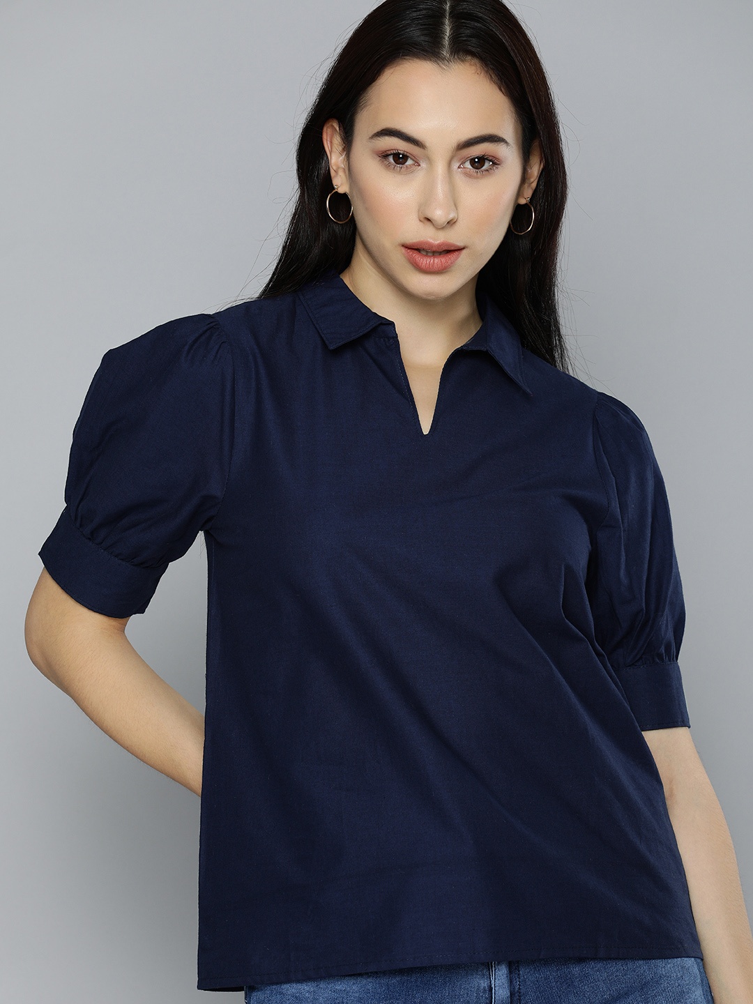 

Chemistry Women Navy Blue Puff Sleeves Pure Cotton Regular Top