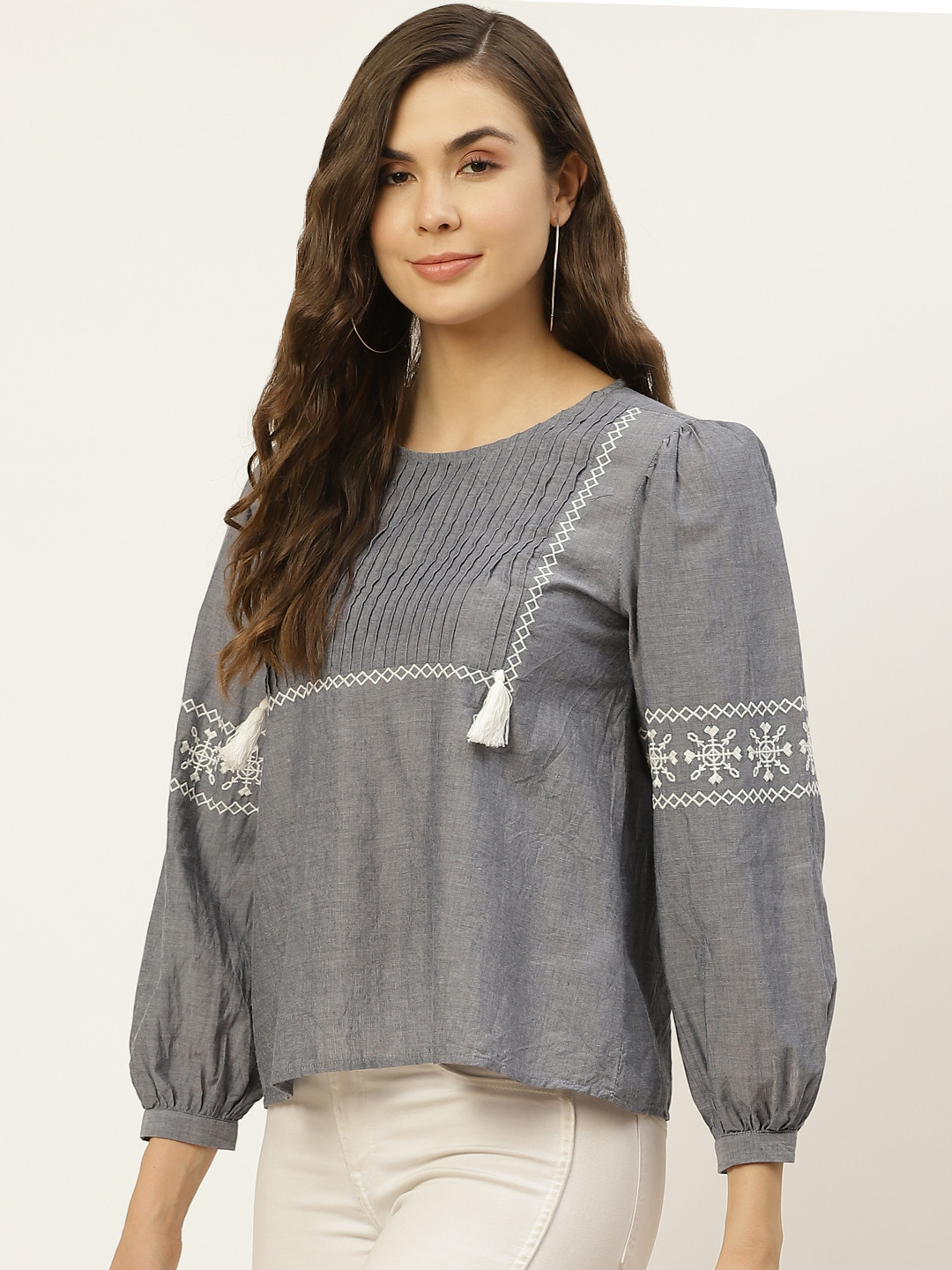 

Chemistry Women Grey Melange Solid Pure Cotton Puff Sleeve Regular Top