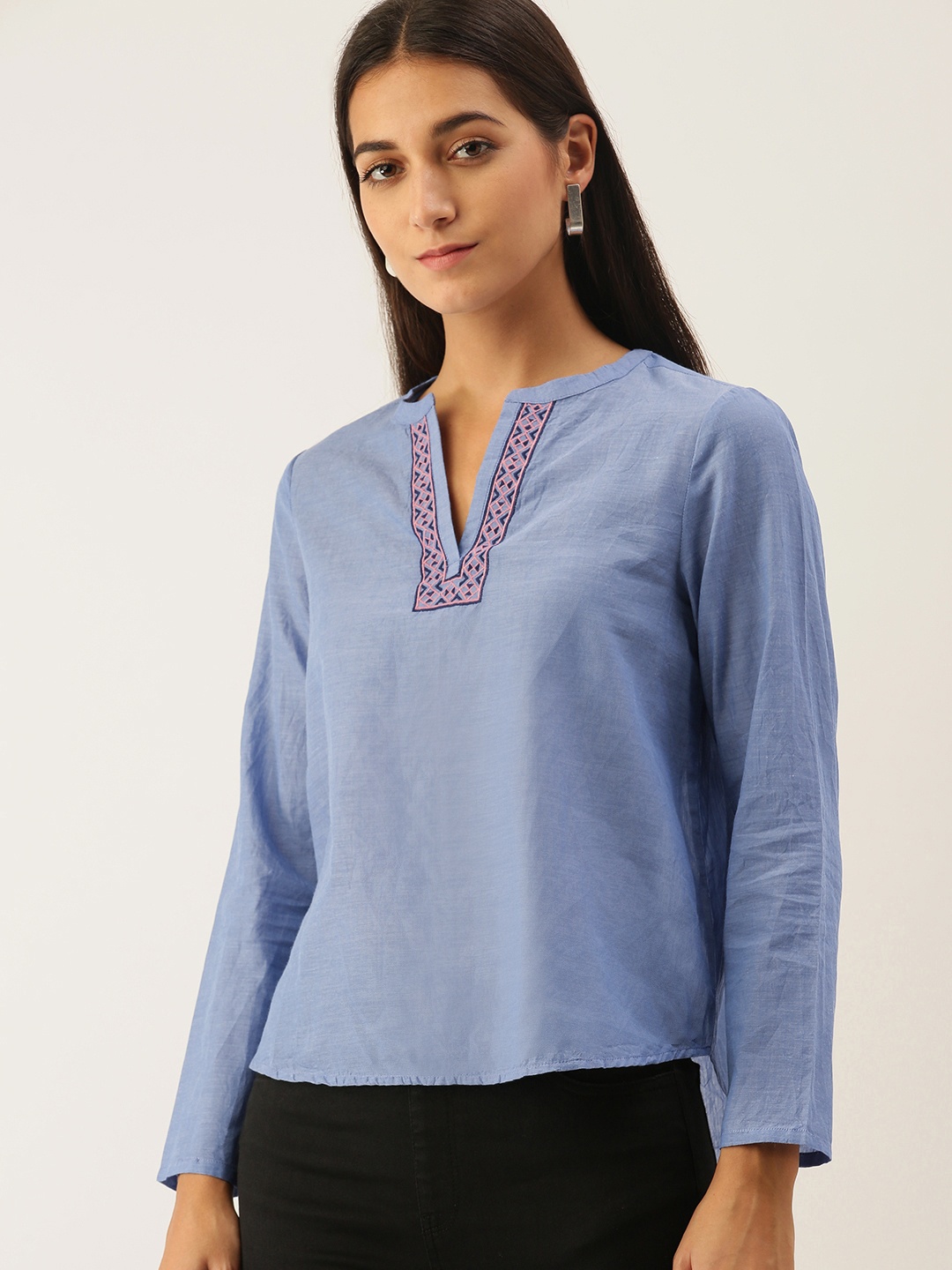 

Chemistry Blue Solid Regular Top with Embroidery