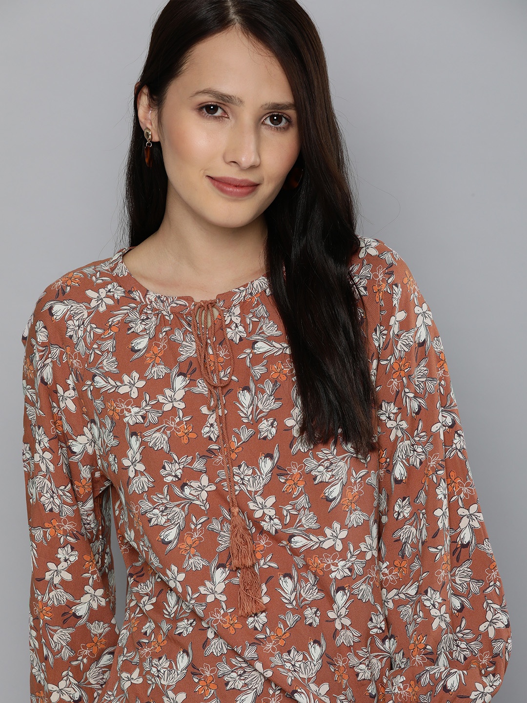 

Chemistry Rust Brown Tie-Up Neck Rayon Regular Top