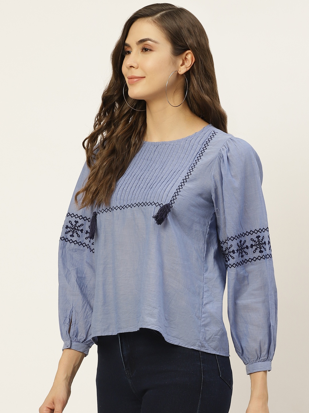 

Chemistry Women Blue Solid Pure Cotton Puff Sleeve Embroidered Top