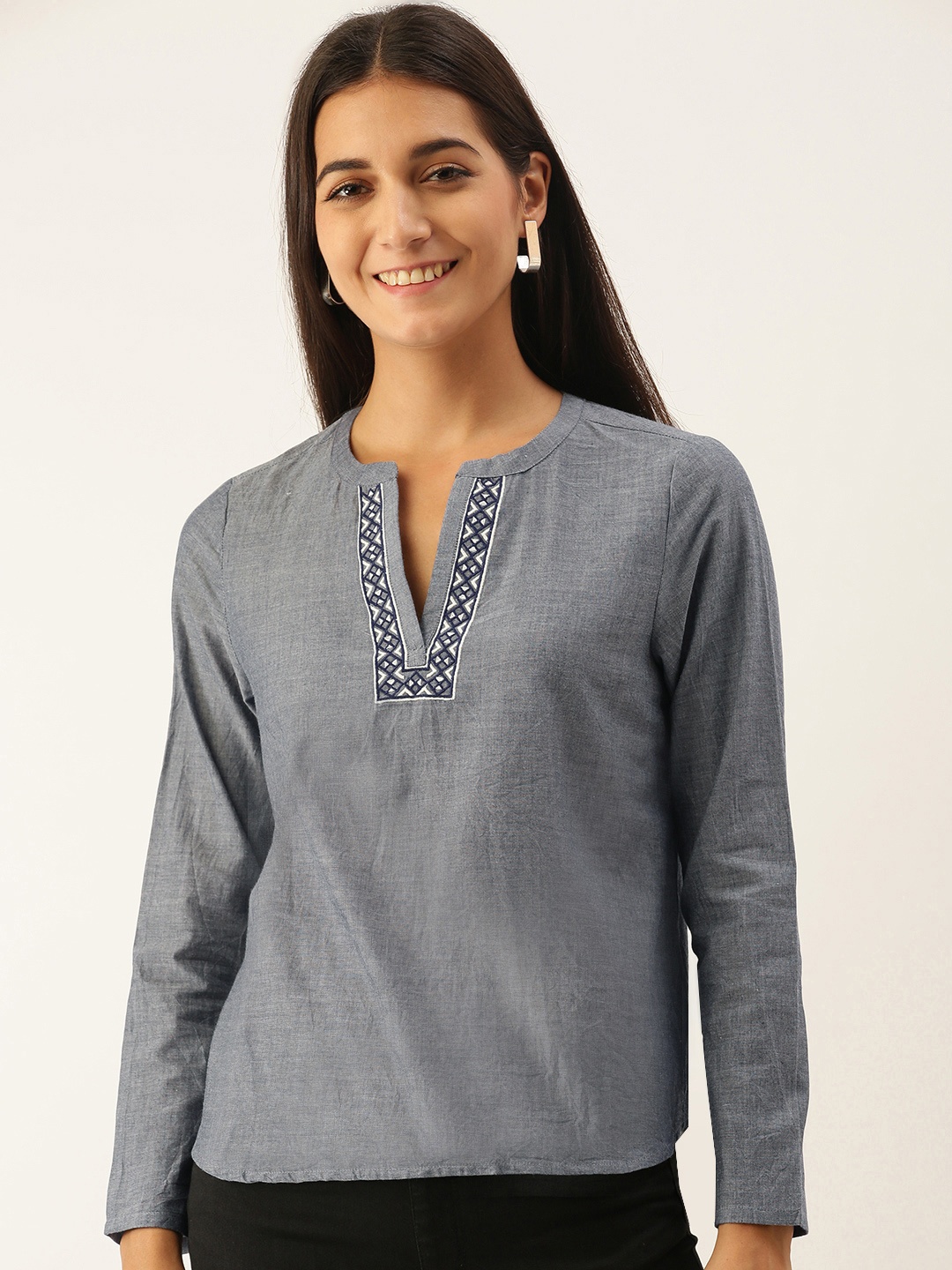 

Chemistry Grey Regular Top with Embroidered Detailing