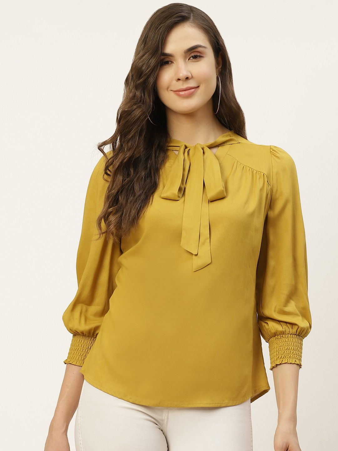 

Chemistry Women Mustard Solid Tie-Up Neck Puff Sleeve Regular Top