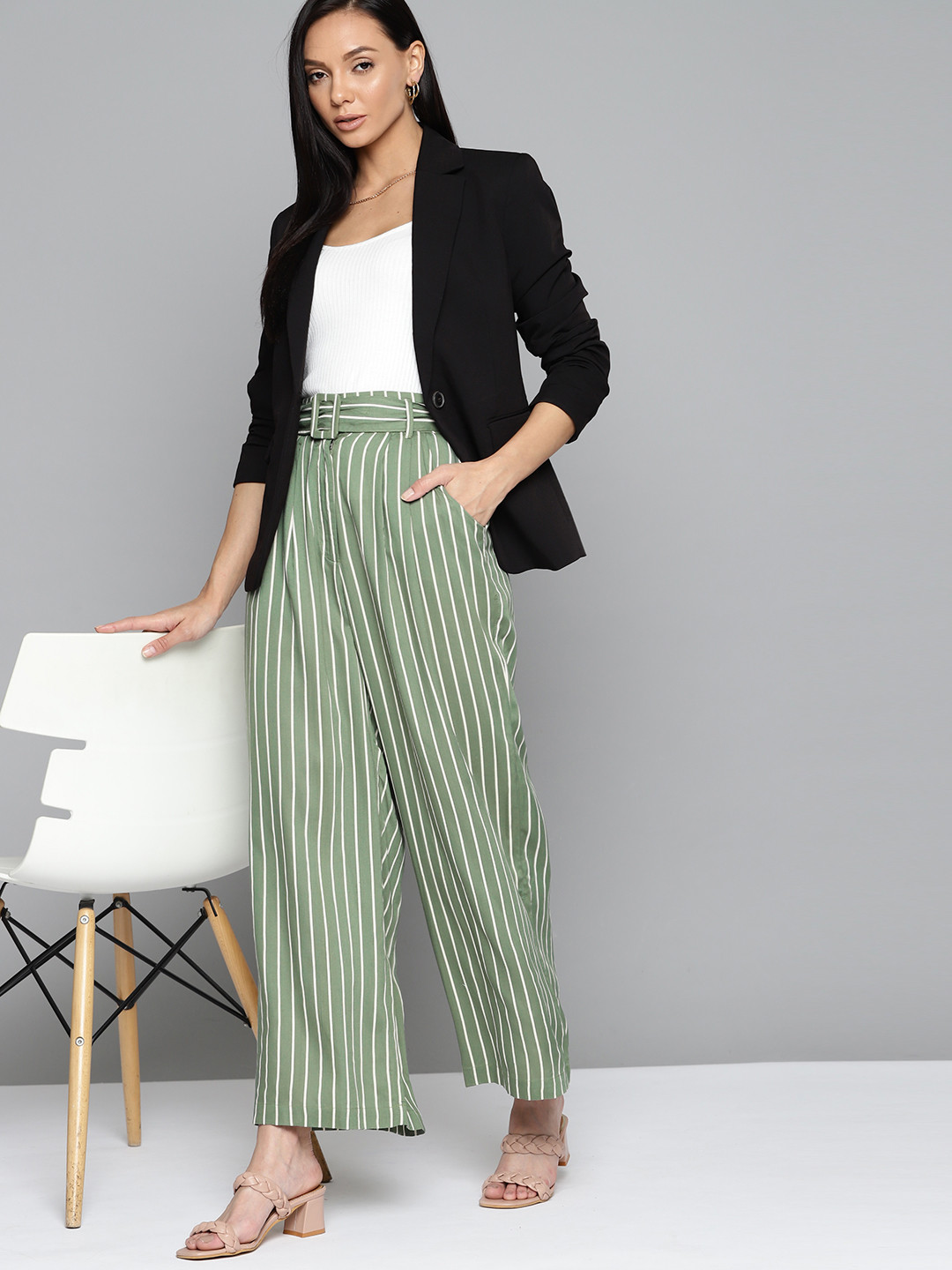 

Chemistry Women Green & White Striped High-Rise Parallel Trousers with Belt