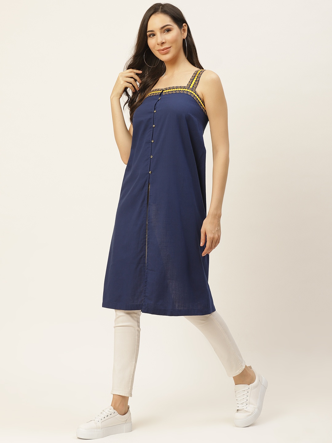 

Chemistry Navy Blue Cotton Embroidered Detail Longline Tunic