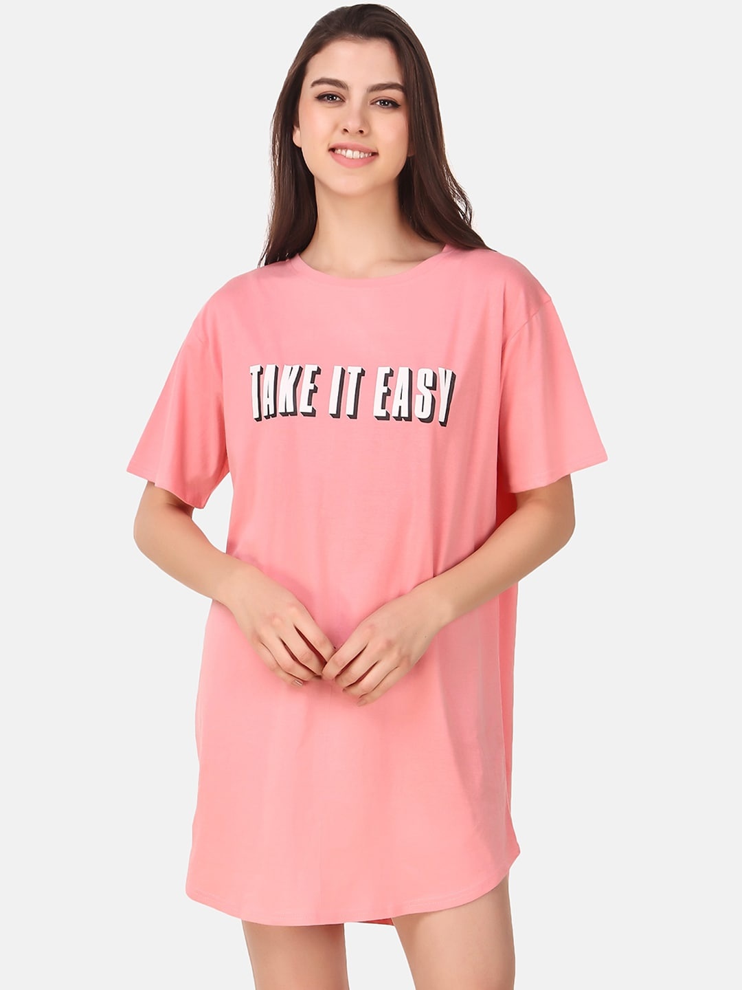 

Masha Women Pink & White Printed Cotton Sleep T-Shirt