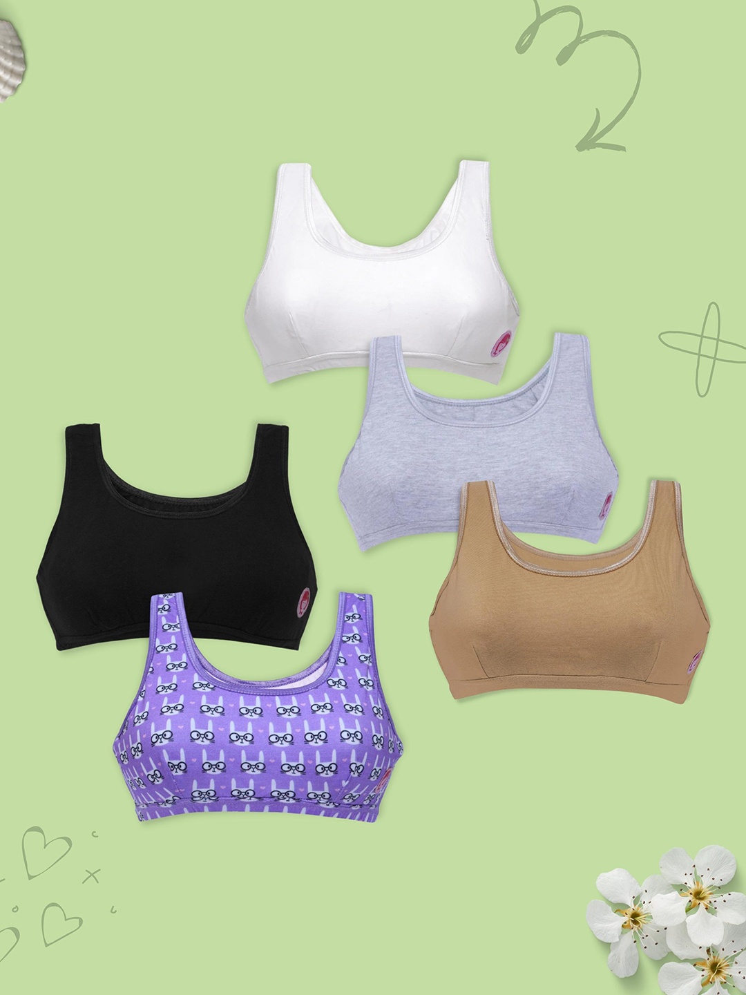 

Girls Pack Of 5 Double Layer Premium Cotton Non-Wired Non Padded Beginners Bra DCBRFB6506/xxs, Grey melange