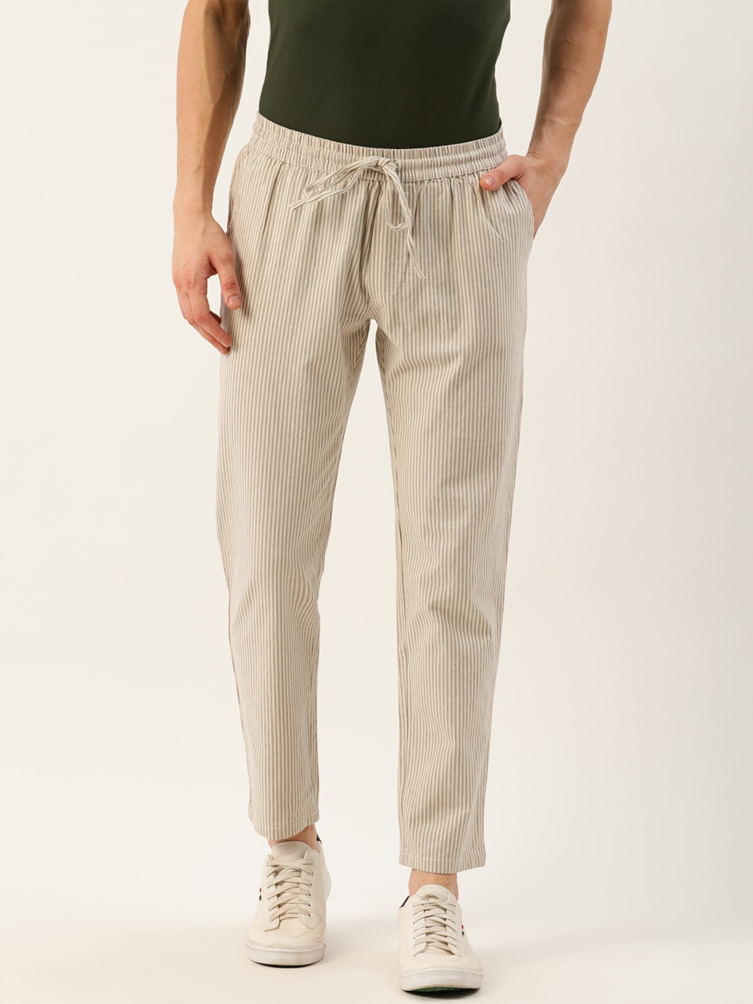 

ether Men Beige & Grey Regular Fit Striped Sustainable Unbleached Fabric Regular Trousers