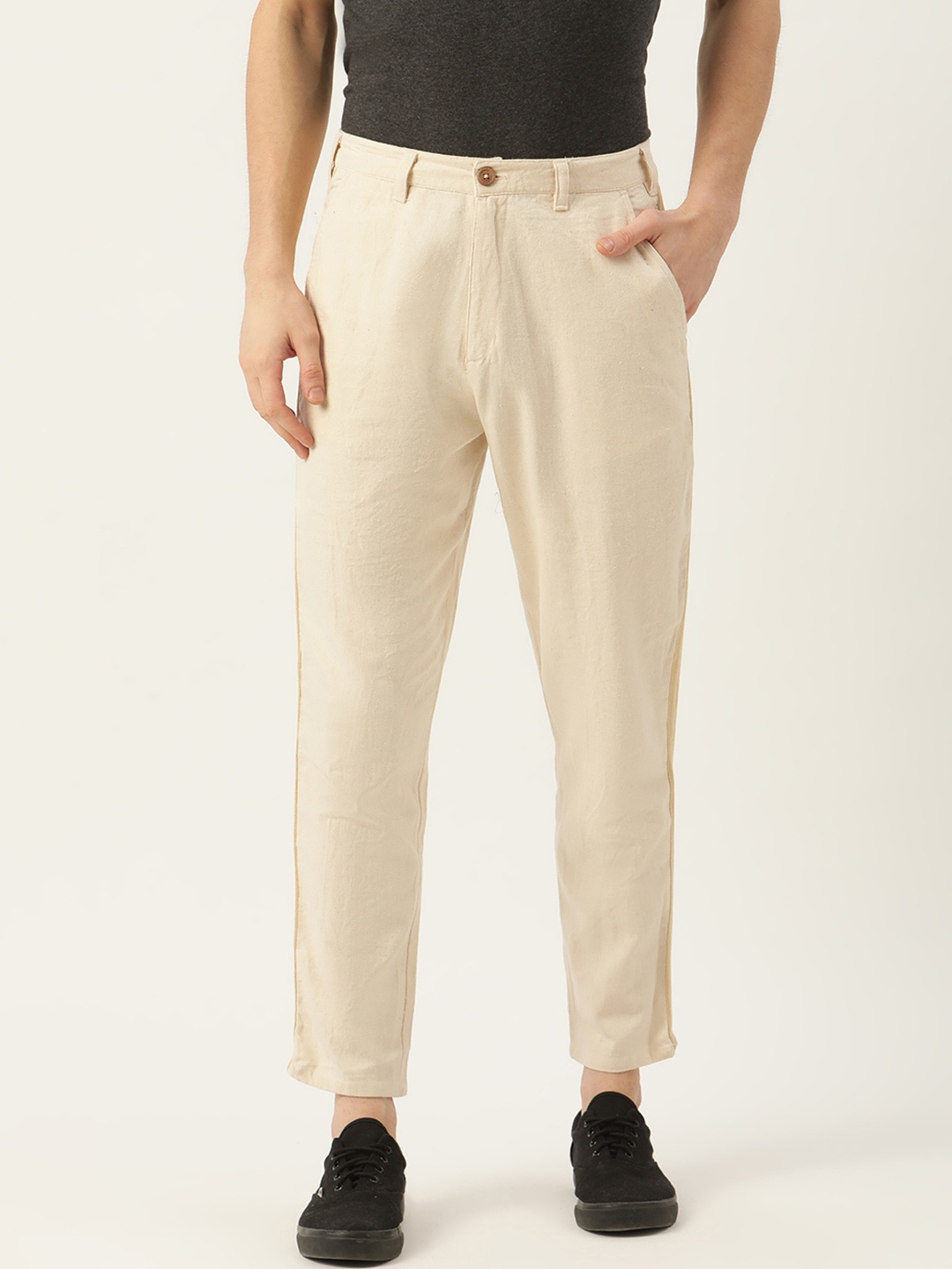 

ether Men Cream-Coloured Pure Cotton Solid Regular Trousers