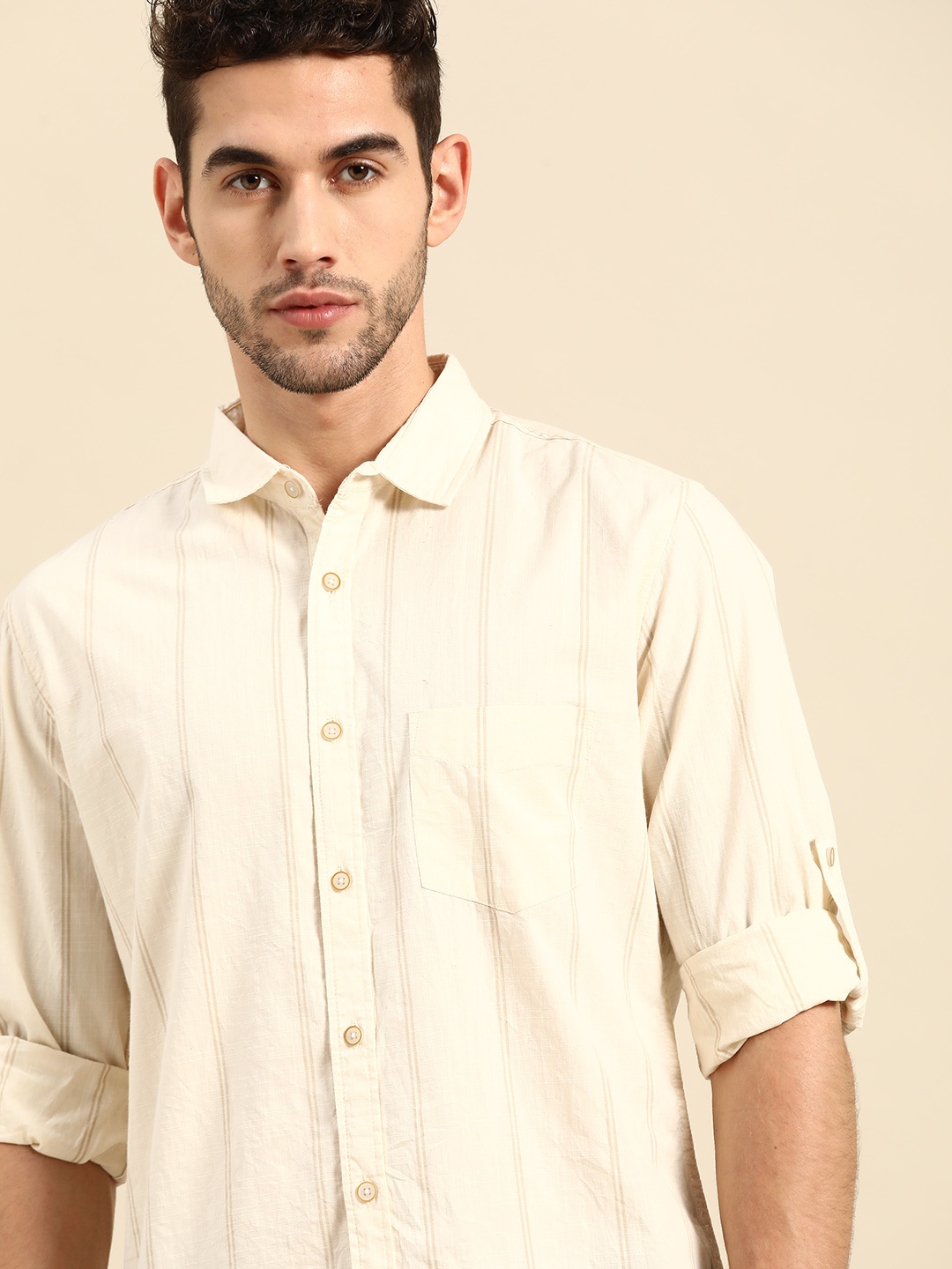 

ether Kora Collection Men Cream Sustainable Unbleached Fabric Cotton Striped Casual Shirt