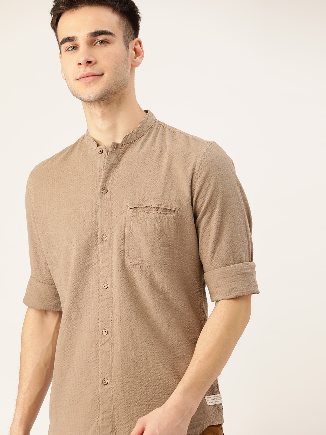 

ether Kora Natural Dyed Men Beige Solid Pure Cotton Sustainable Casual Shirt