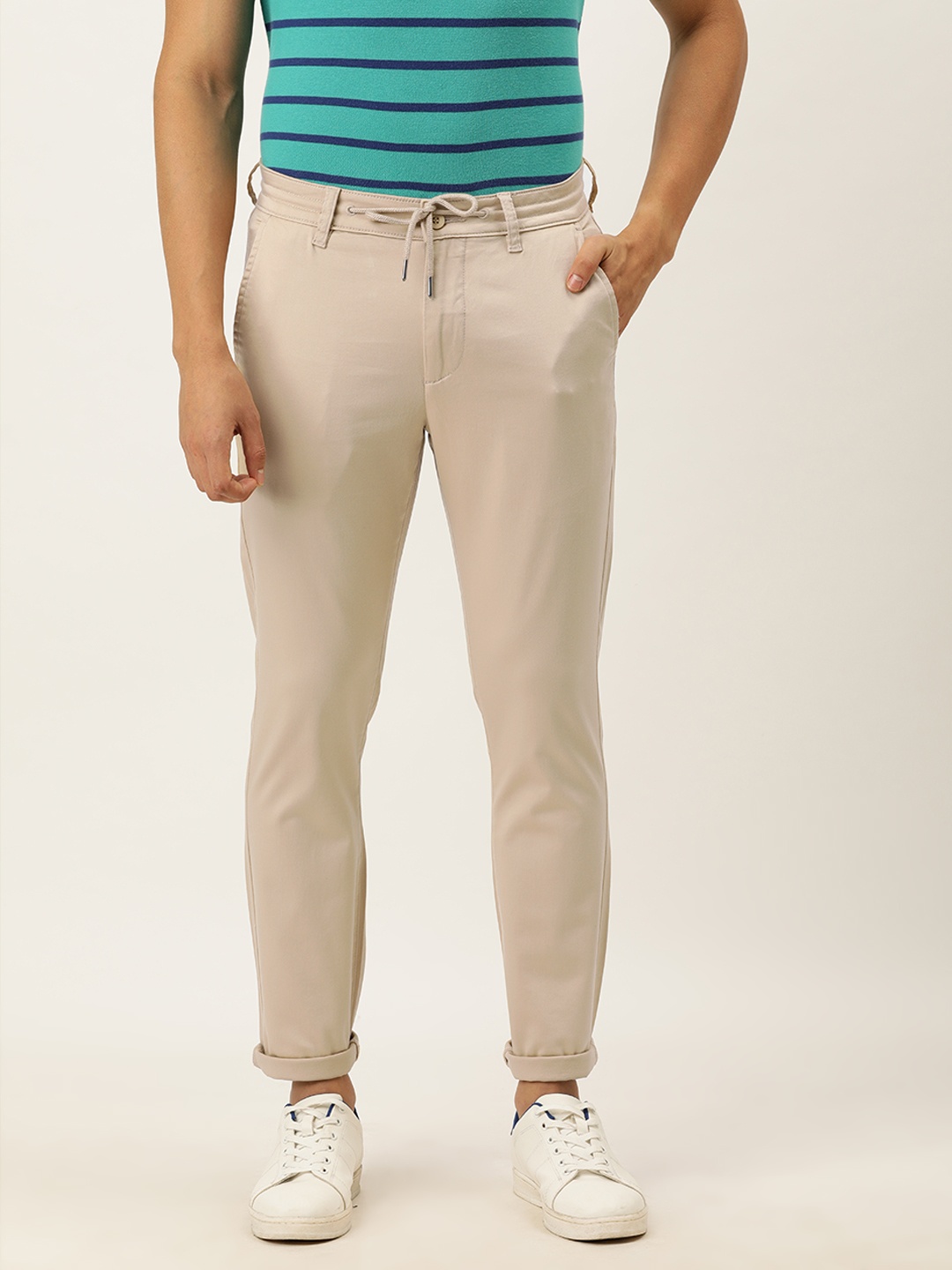 

ether Men Beige Slim Fit Regular Trousers