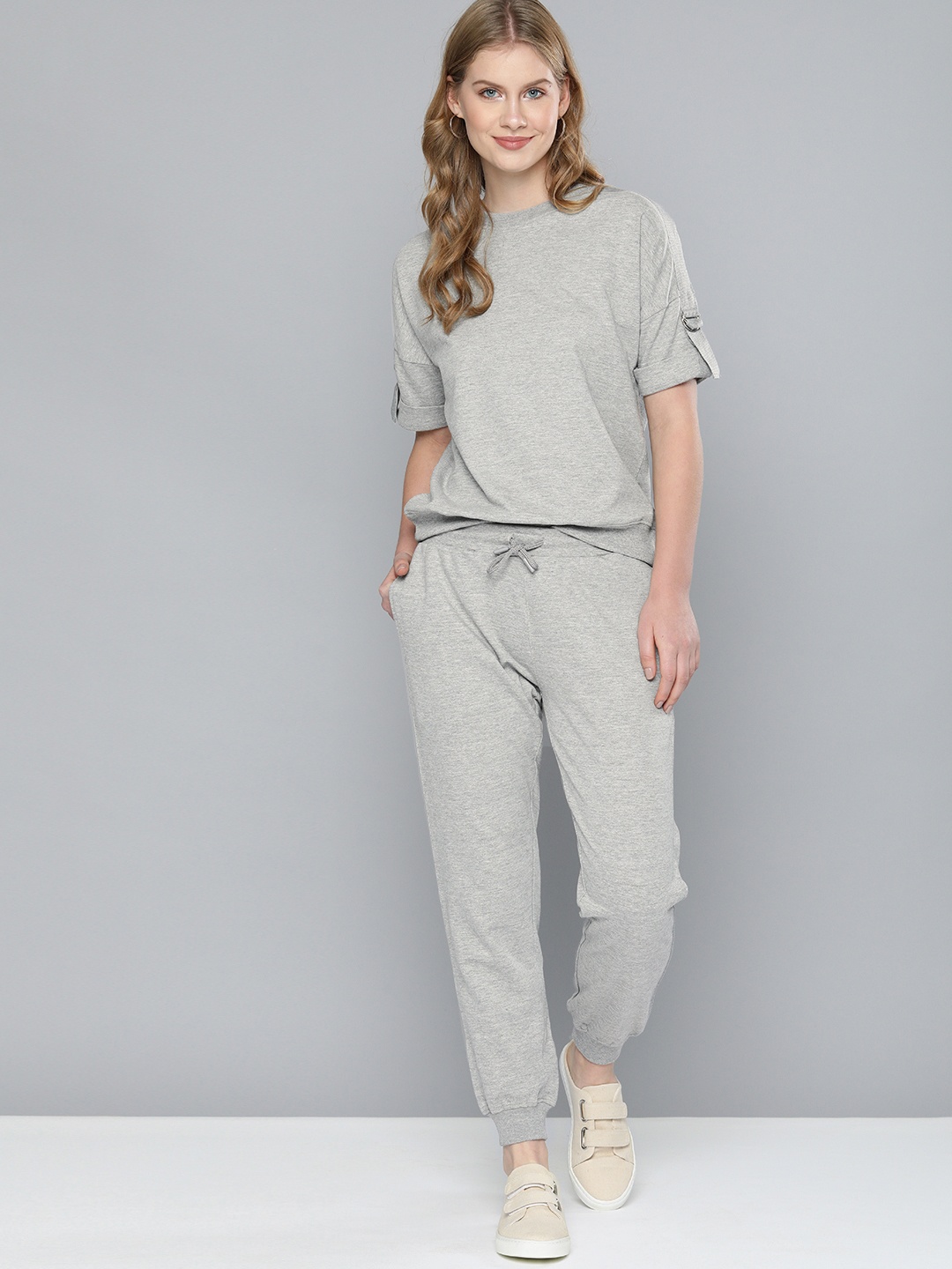 

M&H Easy Women Grey Melange Solid T-shirt with Joggers