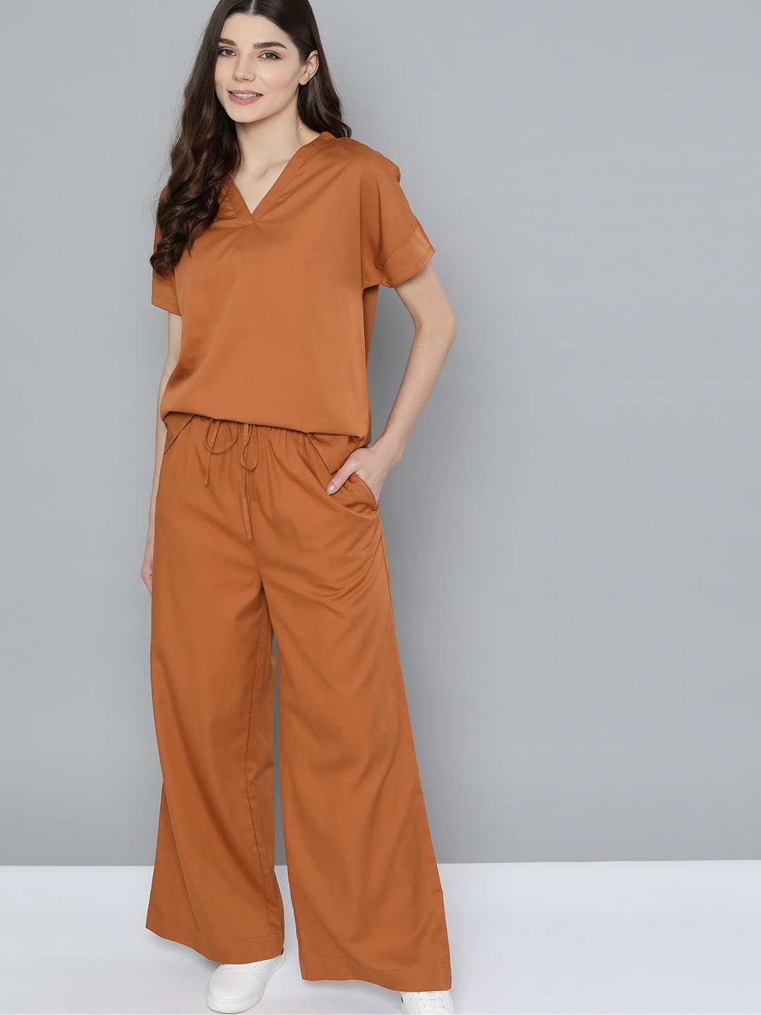 

M&H Easy Women Rust Brown Solid Top with Palazzos