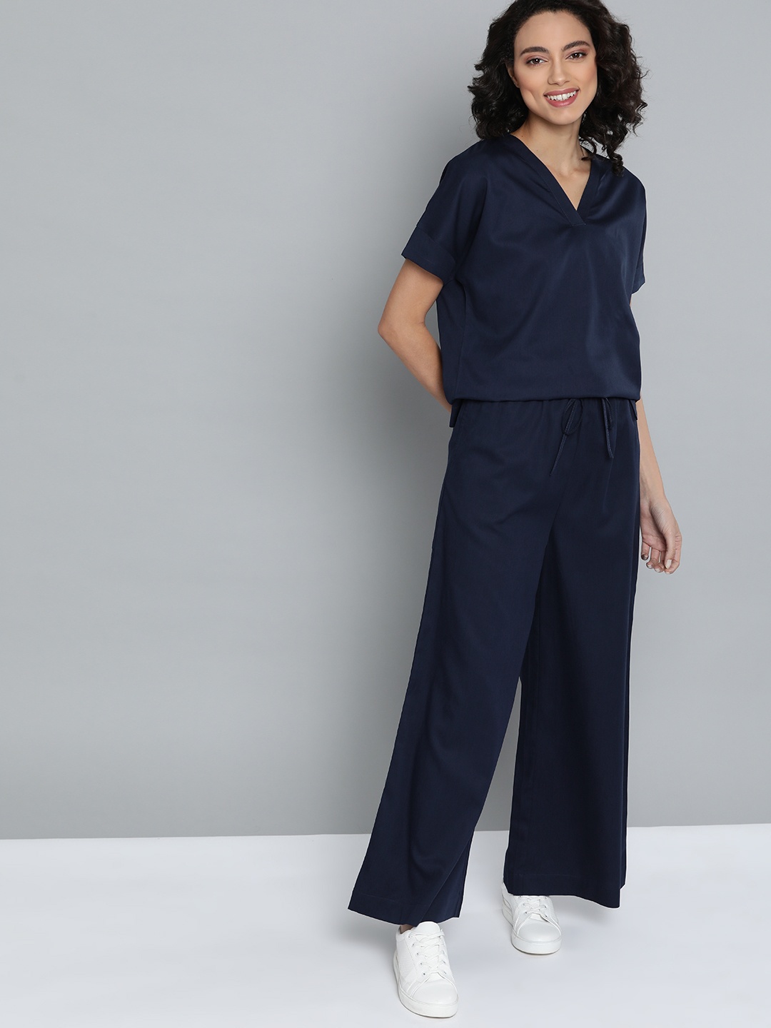 

M&H Easy Women Navy Blue Solid Top with Palazzos