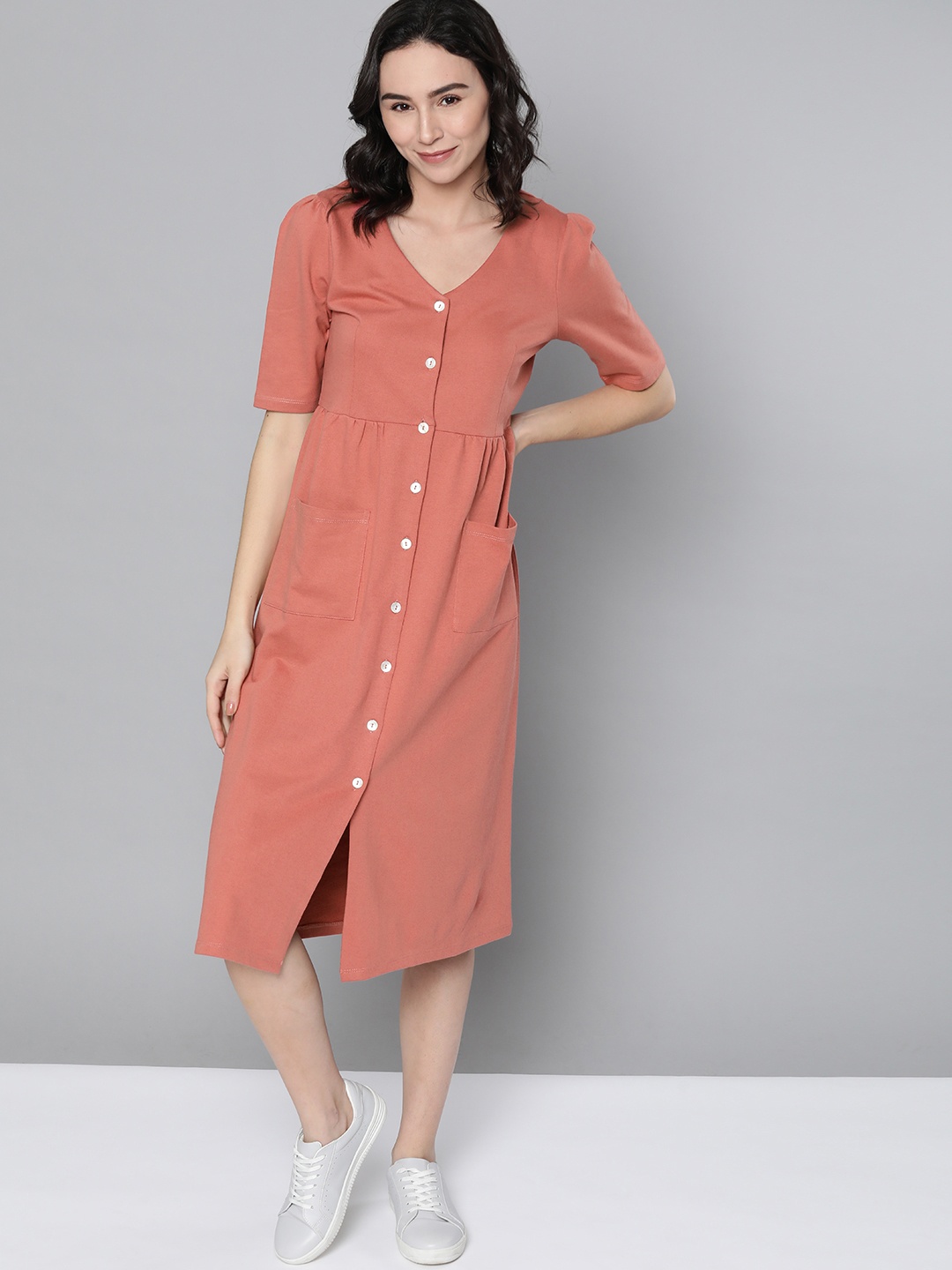 

M&H Easy Women Pink Solid Pure Cotton Midi A-Line Dress