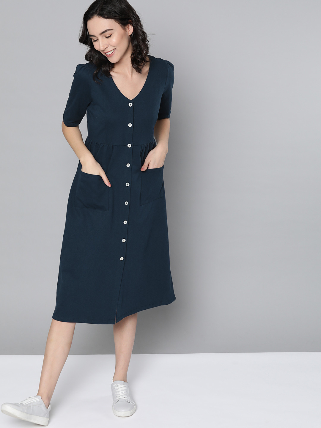 

M&H Easy Women Navy Blue Solid Pure Cotton Midi A-Line Dress