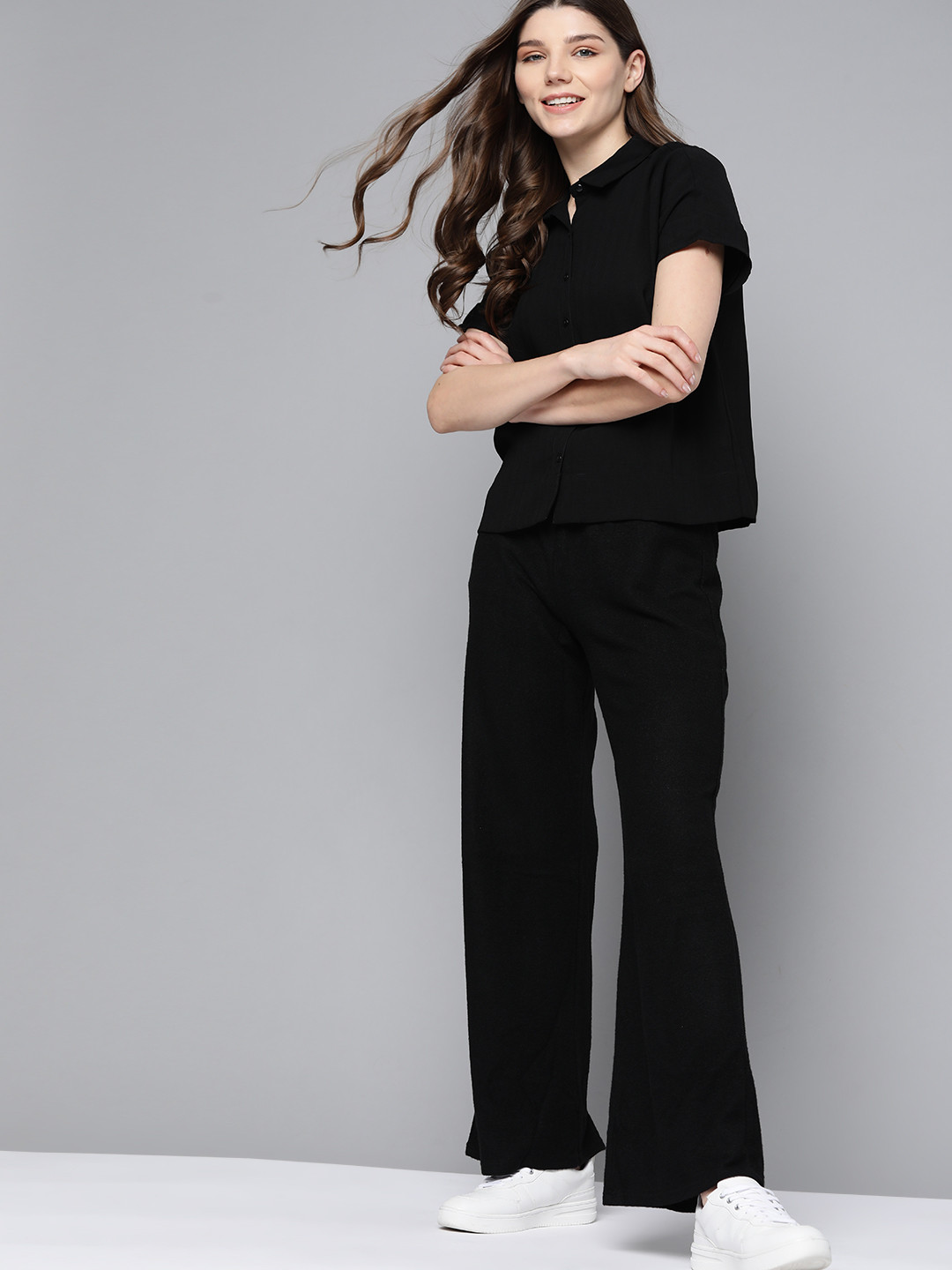 

M&H Easy Women Black Solid Extended Sleeves Casual Shirt