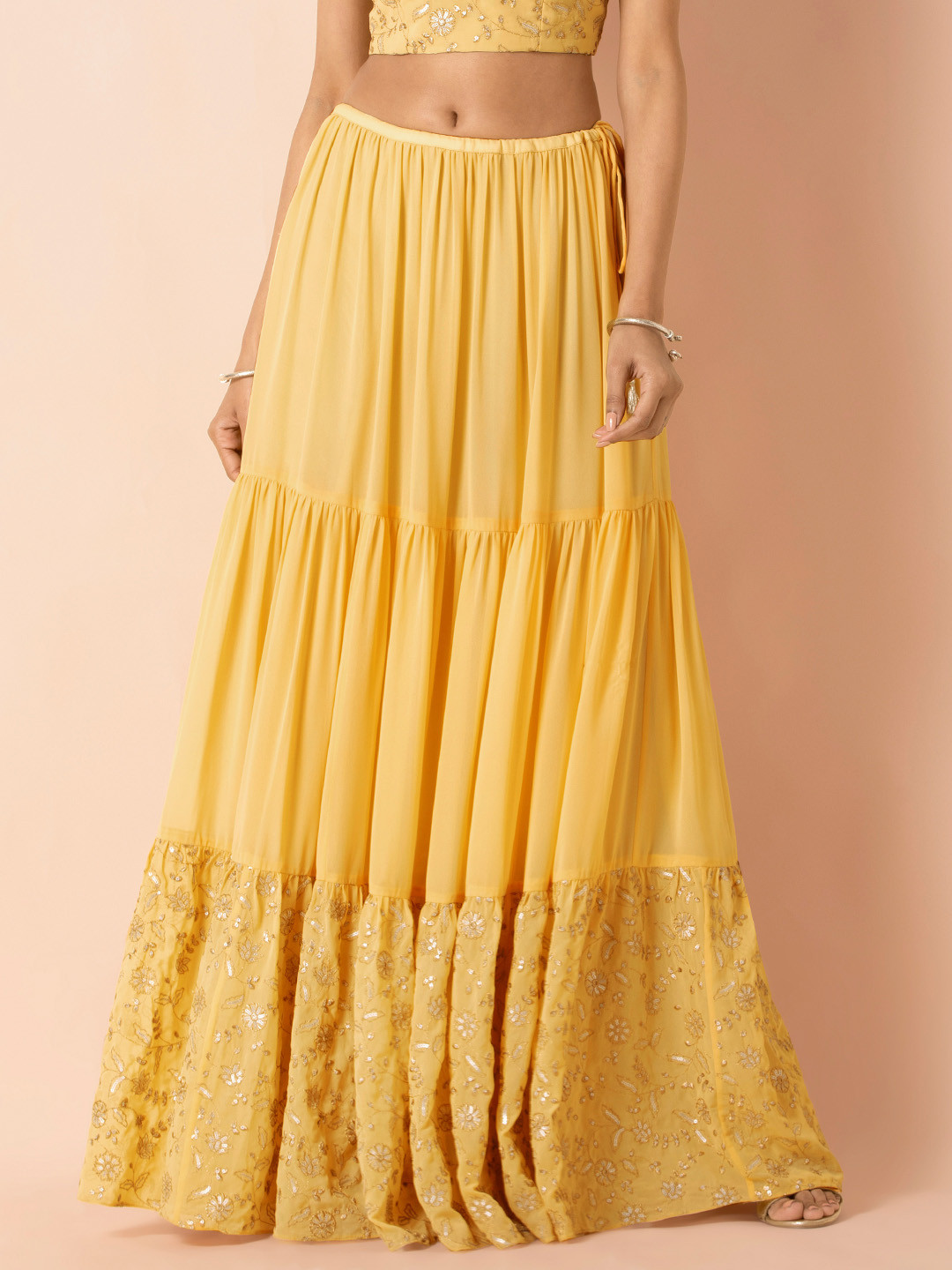 

INDYA X Payal Singhal Yellow & Gold-Coloured Embellished Tiered Maxi Skirt