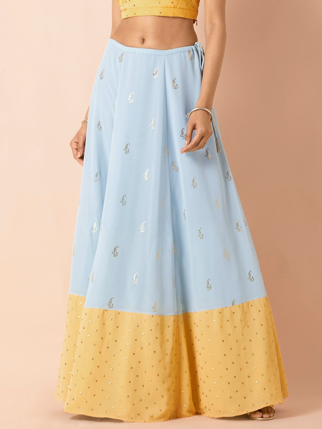 

INDYA X Payal Singhal Women Blue & Yellow Colourblocked A-Line Maxi-Length Skirt