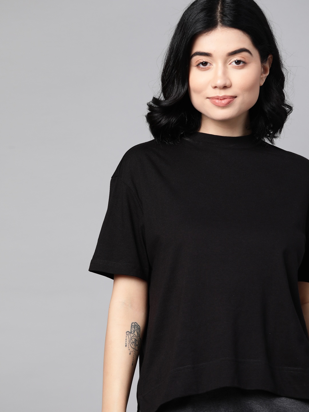 

M&H Easy Women Black High Neck Drop-Shoulder Sleeves T-shirt