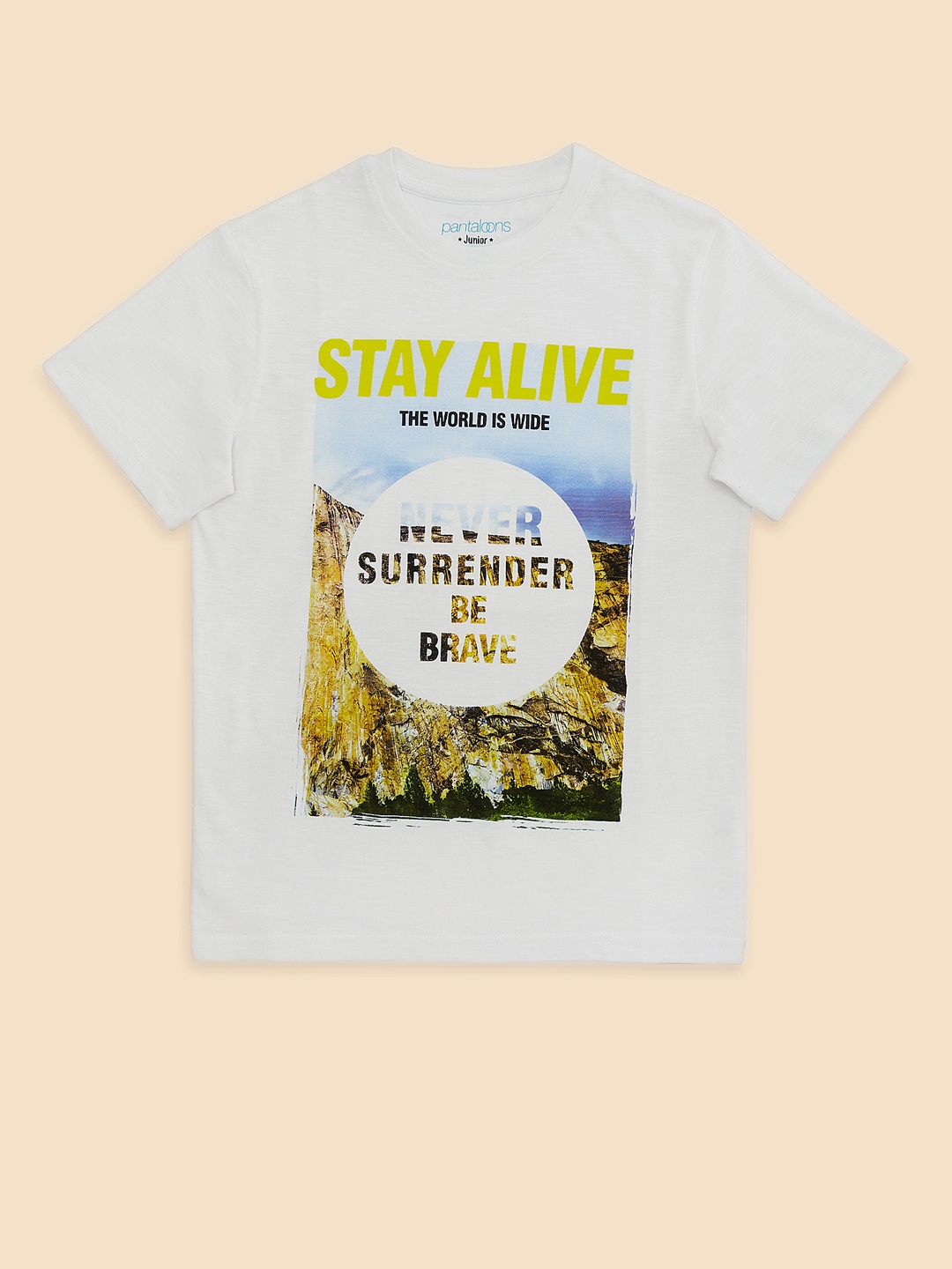 

Pantaloons Junior Boys White Printed Round Neck Cotton Pure Cotton T-shirt