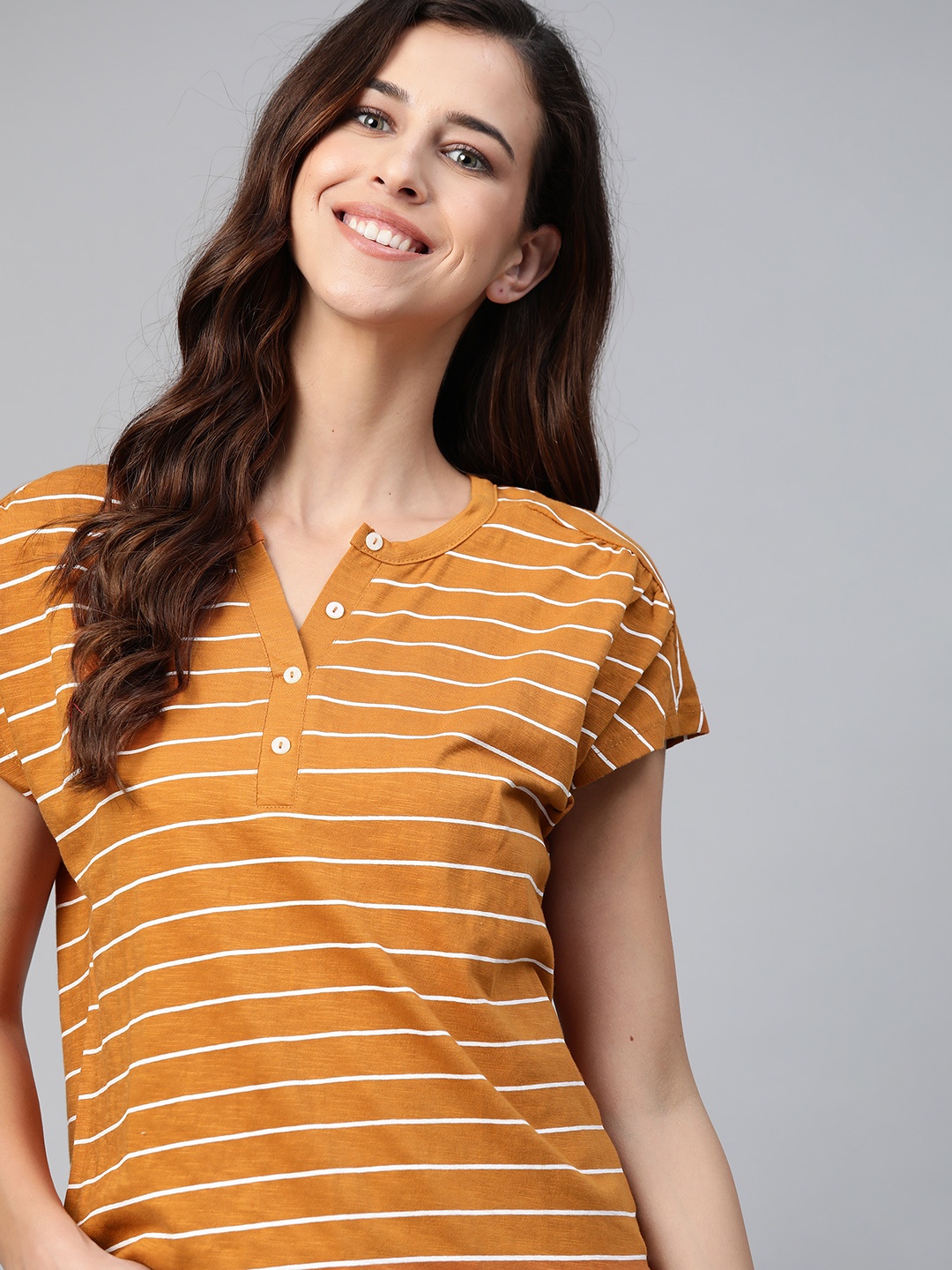 

M&H Easy Women Mustard Brown & White Pure Cotton Striped Henley Neck T-shirt